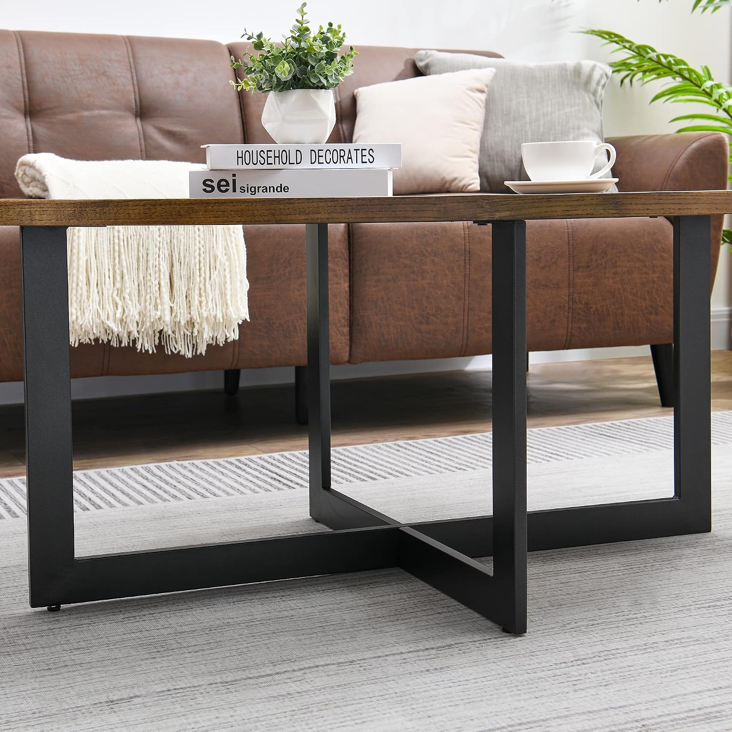 Solid Wood Oval Coffee Table with Cross Metal Legs, 47.9' Industrail Bar Cocktail Table for Living Room Kitchen Office Sofa Table Bristro Table for Cafe/Bar Rustic Brown 1831