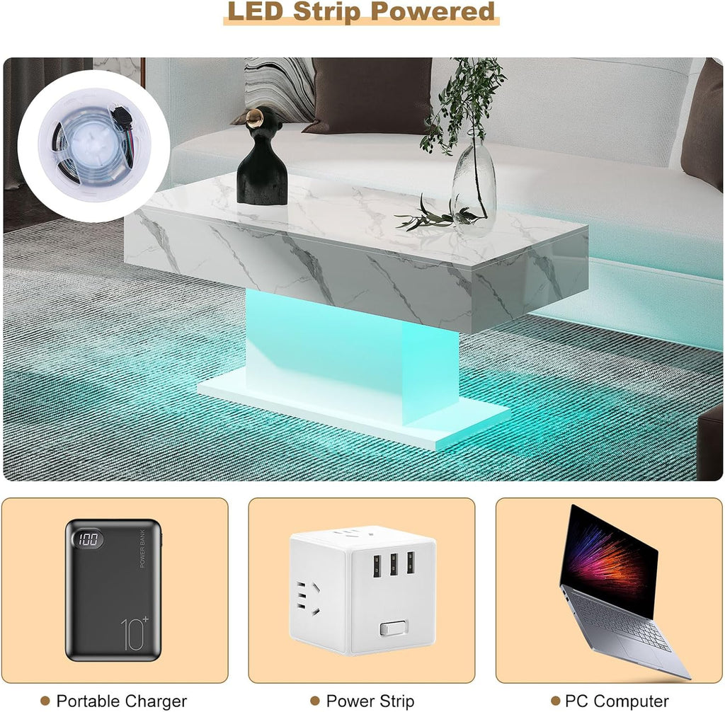 HedoAjim Led Coffee Table for Living Room, Living Room Table Rectangular Center Table, Modern High Glossy Wooden Coffee Tables with 16 Colors LED Lights for Dining Reception Room, White Marble