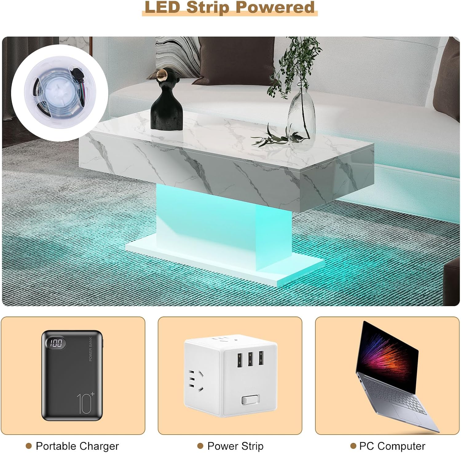 HedoAjim Led Coffee Table for Living Room, Living Room Table Rectangular Center Table, Modern High Glossy Wooden Coffee Tables with 16 Colors LED Lights for Dining Reception Room, White Marble