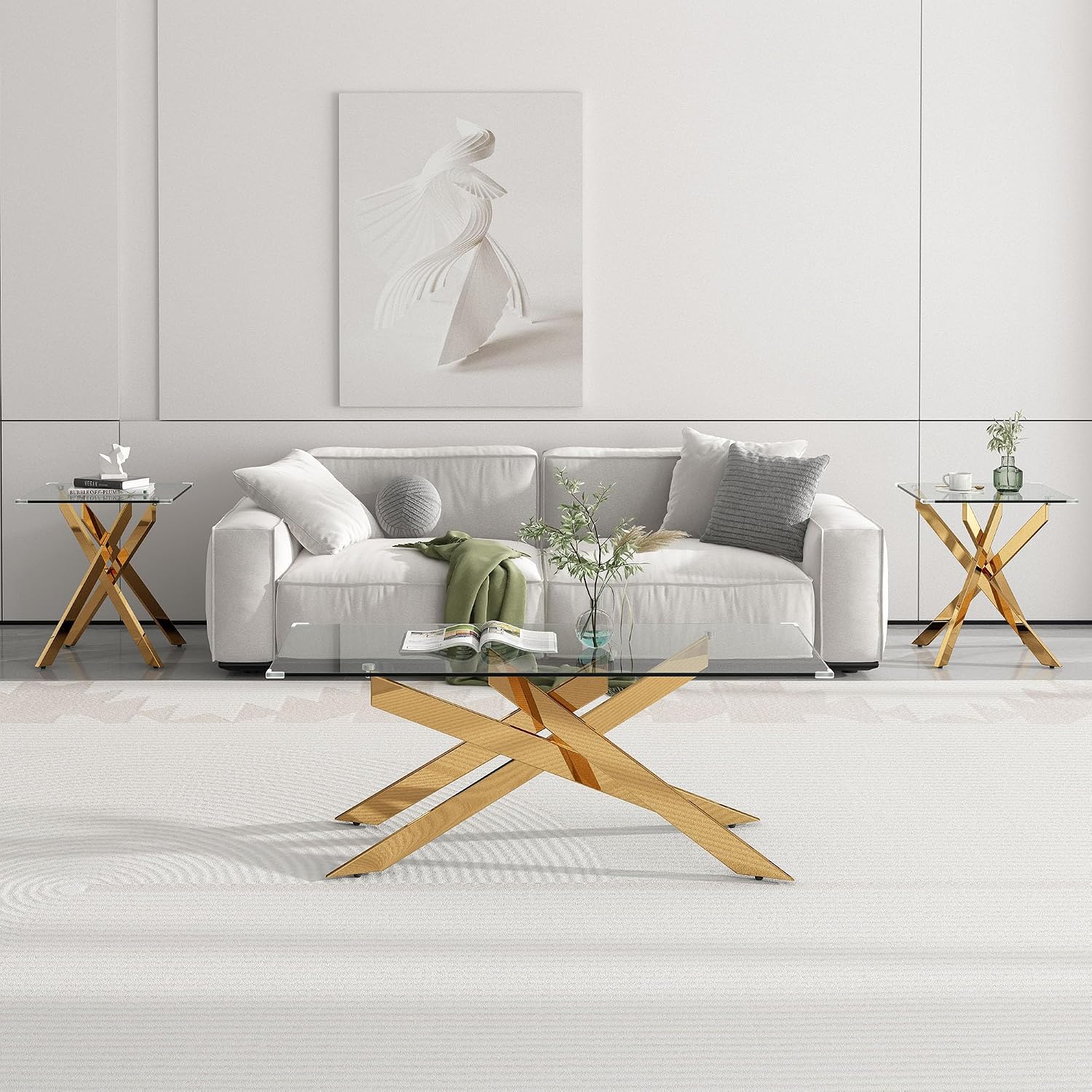 3 Pieces Living Room Table Set, 47' Glass Coffee Table and 2 End Table, Glass Coffee Table Set with Tempered Glass Tabletop and Metal Legs, for Living Room, Leisure, Apartment