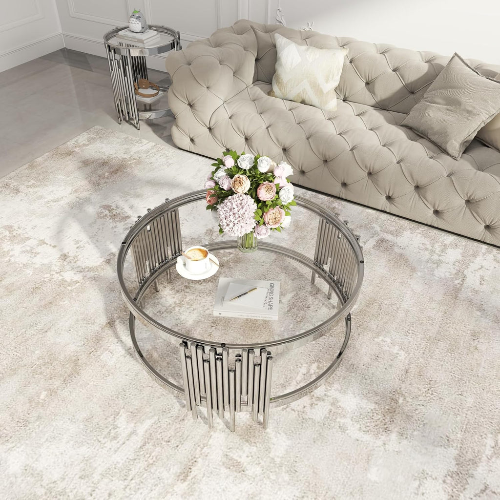 Round Glass Coffee Table Modern Living Room Table, 35.43' Gold Stainless Steel Leg Clear Tempered Glass, Circle Sofa Center Table Furniture for Home Apartment Office, Silver