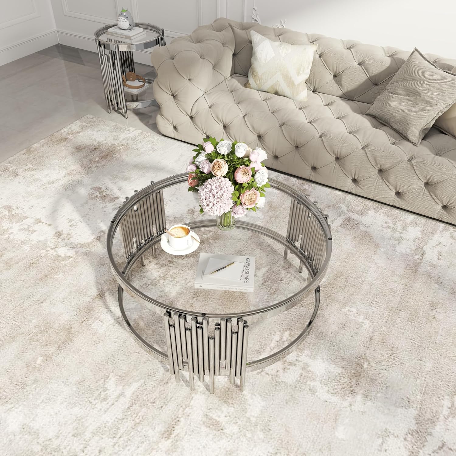 Round Glass Coffee Table Modern Living Room Table, 35.43' Gold Stainless Steel Leg Clear Tempered Glass, Circle Sofa Center Table Furniture for Home Apartment Office, Silver