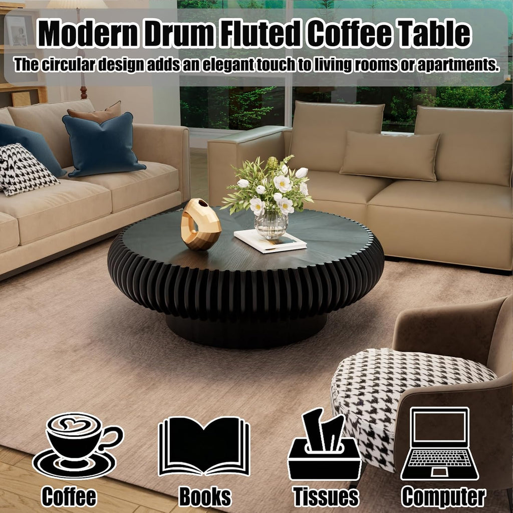 39.37' Round Drum Coffee Table, Modern Fluted Coffee Tables with Solid Wood Veneer, Wooden Circle Center Table for Living Room, Small Spaces, and Apartments, Easy Assembly