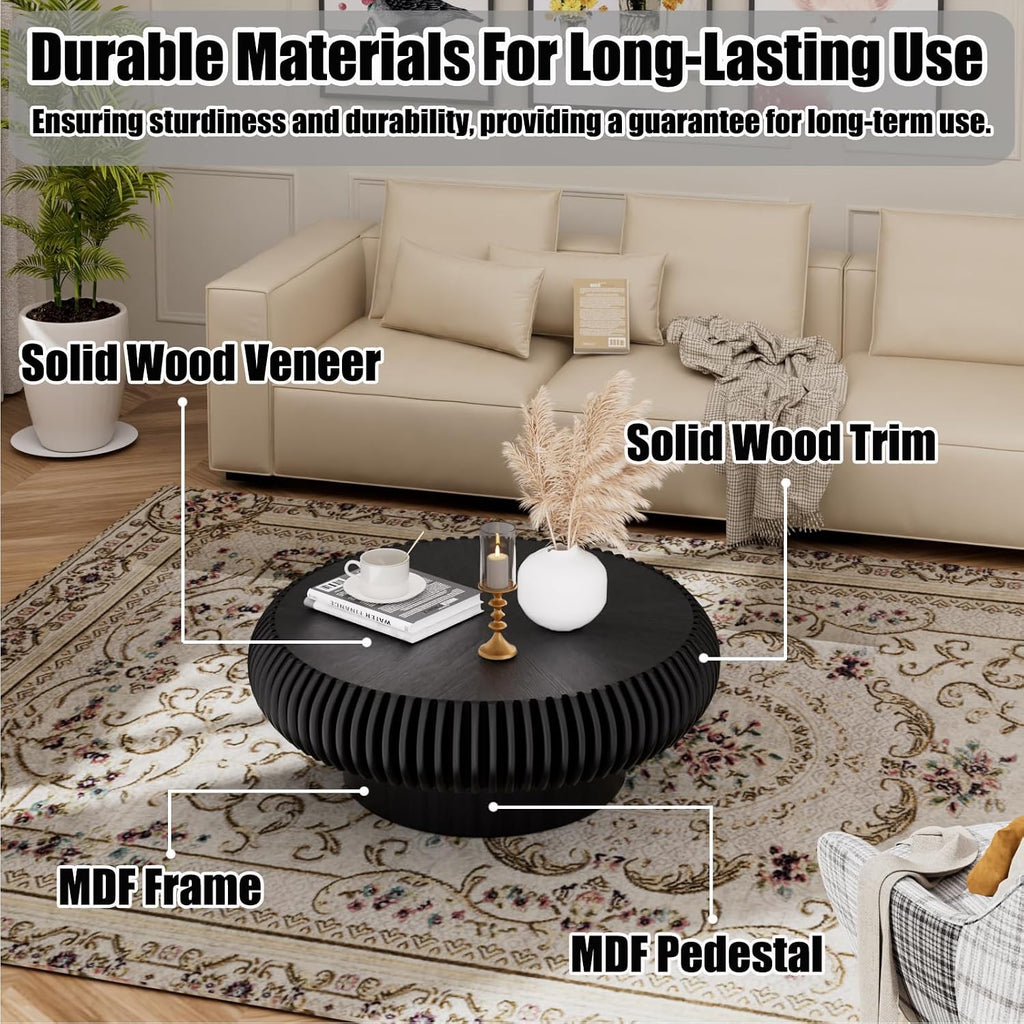 31.5' Round Drum Coffee Table, Modern Fluted Coffee Tables with Solid Wood Veneer, Wooden Circle Center Table for Living Room, Small Spaces, and Apartments, Easy Assembly
