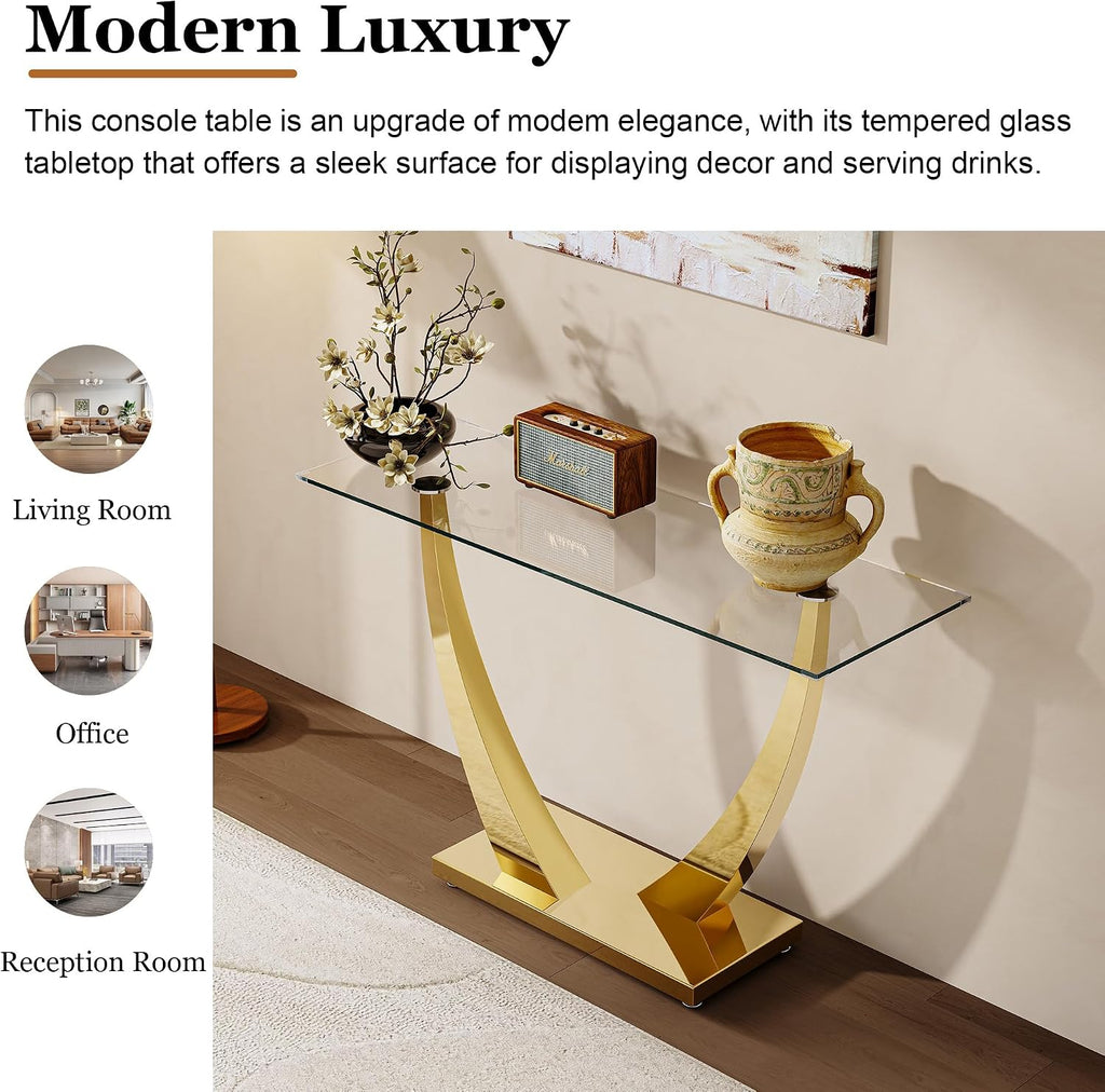 47' Glass Console Table, Modern Rectangular Sofa Table with Tempered Glass Top and Gold Horn-Shaped Stainless Steel Base for Living Room, Entryway, Hallway