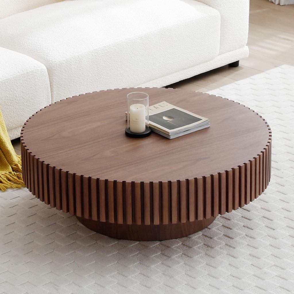 39.4' Walnut Round Coffee Table Wood, Modern Drum Fluted Coffee Table for Living Room, Contemporary Low Circle Center Table Side Table for Apartment, Farmhouse, Office, mesa de Cafe