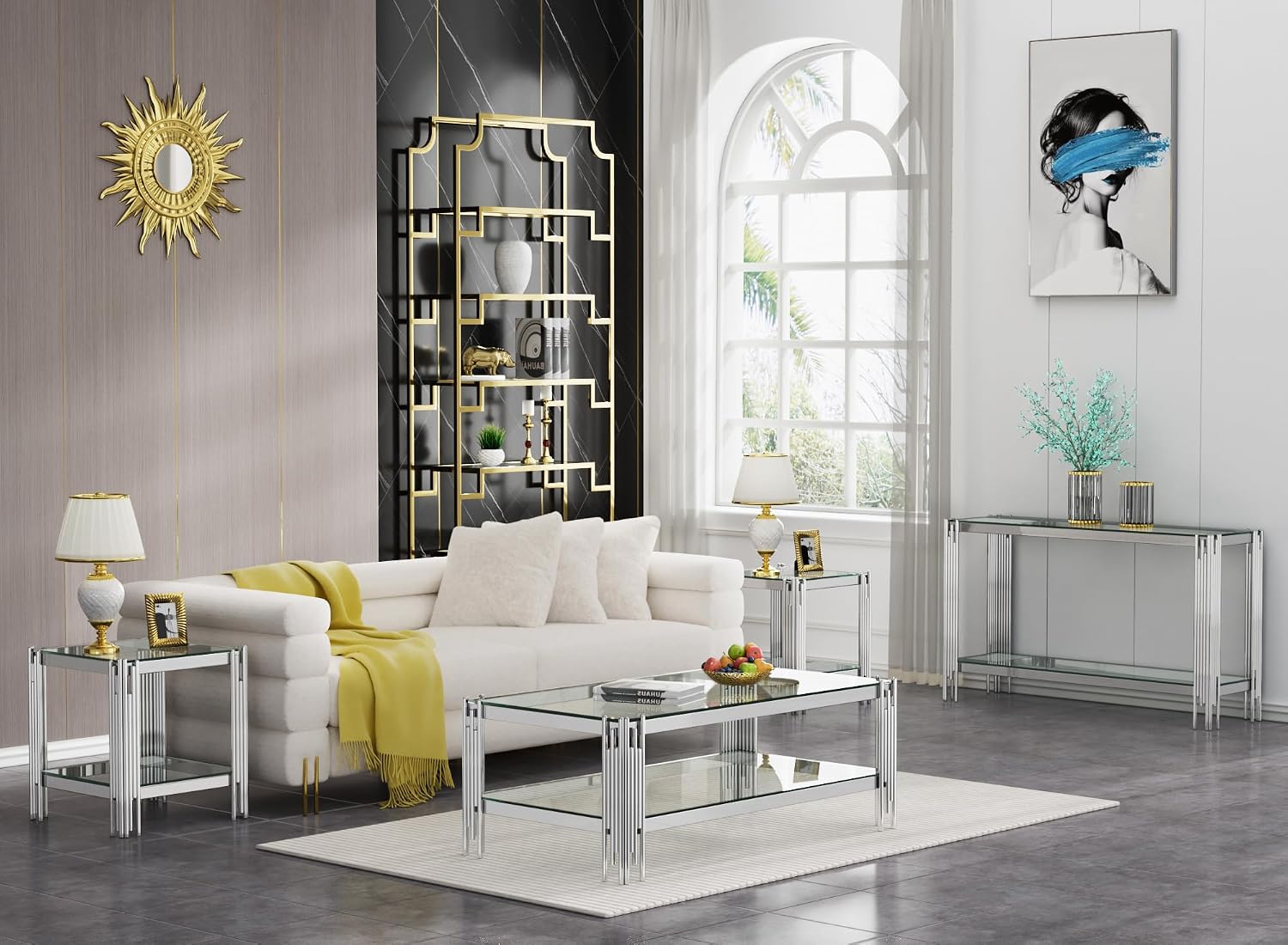 Modern Glass End Table, 20' Suqare Side Table with Silver Mirrored Stainless Steel Frame, 2-Tier Clear Glass End Table Nightstand Pedestal Stand Lamp Table for Living Room, Bedroom, Office