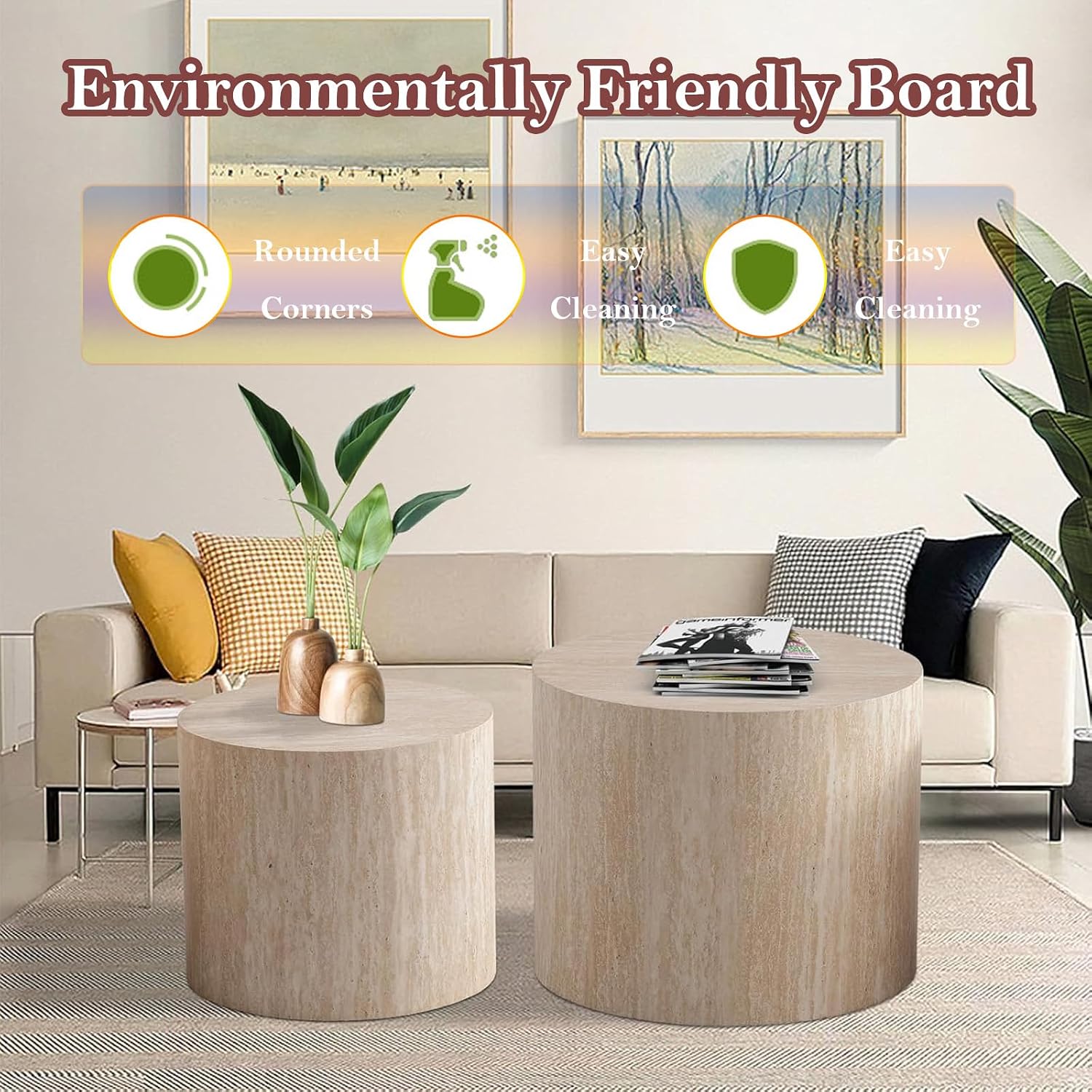 Stylish Nesting Coffee Table Set of 2, Elegant Chic Round Wooden Center Table - Smooth Finish & Easy to Clean, No Assemble Needed (E-18.1+14.6in)
