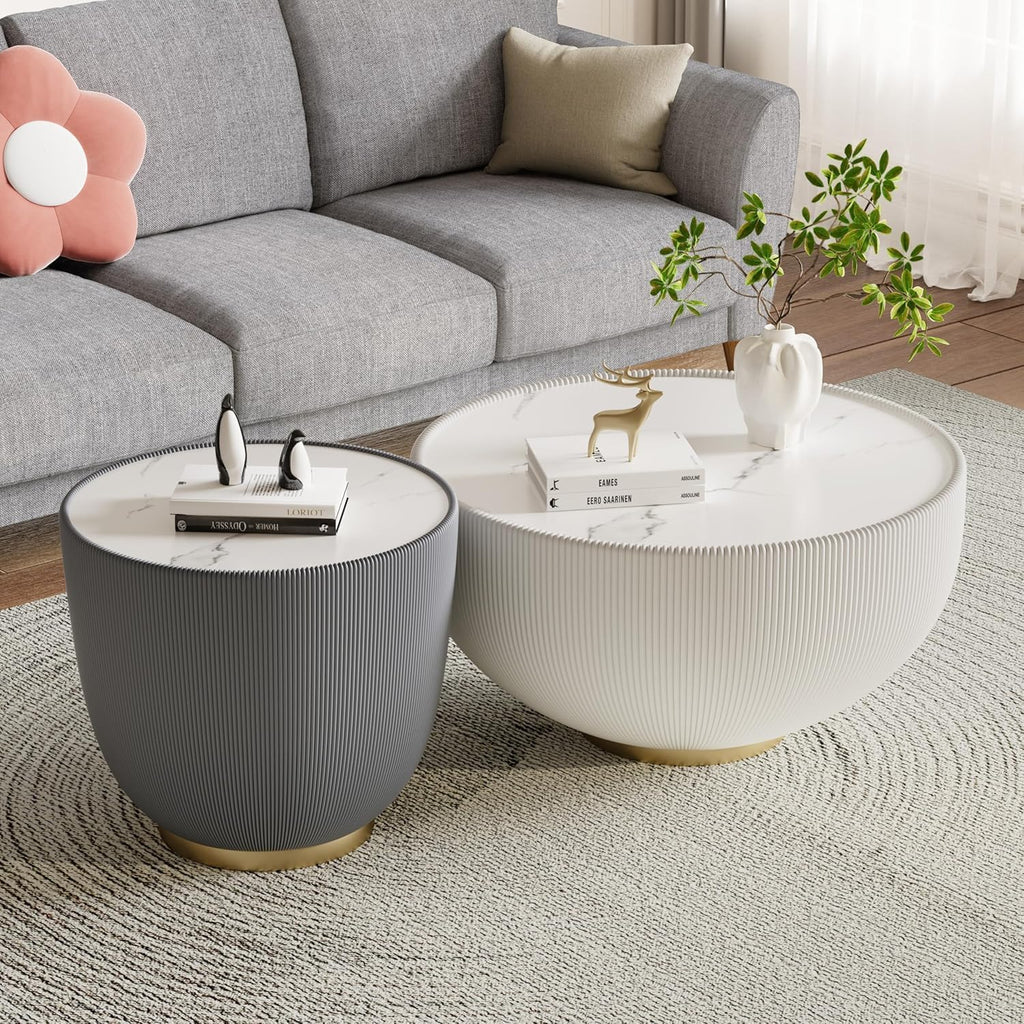 Round Coffee Table Set of 2, Sintered Stone White Coffee Table with Grey End Table, Nesting Tables for Living Room, Accent Side Table for Apartment Home Office, No Need Assembly
