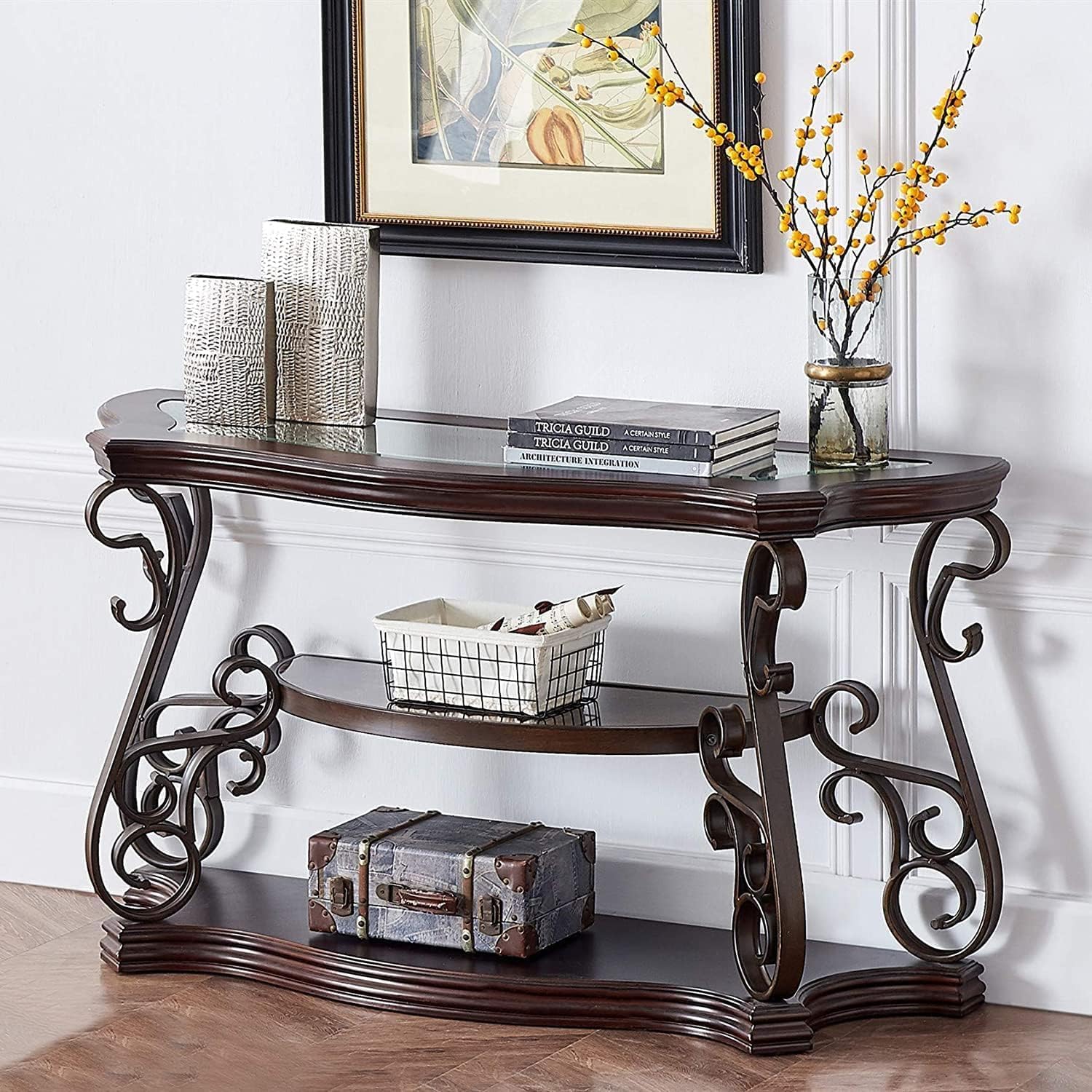 2 Piece Retro Coffee Table Set, Mid Century Modern Living Room Table Set, Traditional 3-Tier Coffee Table and Console Table with Tempered Glass Top & Storage Shelf for Living Room Home Office