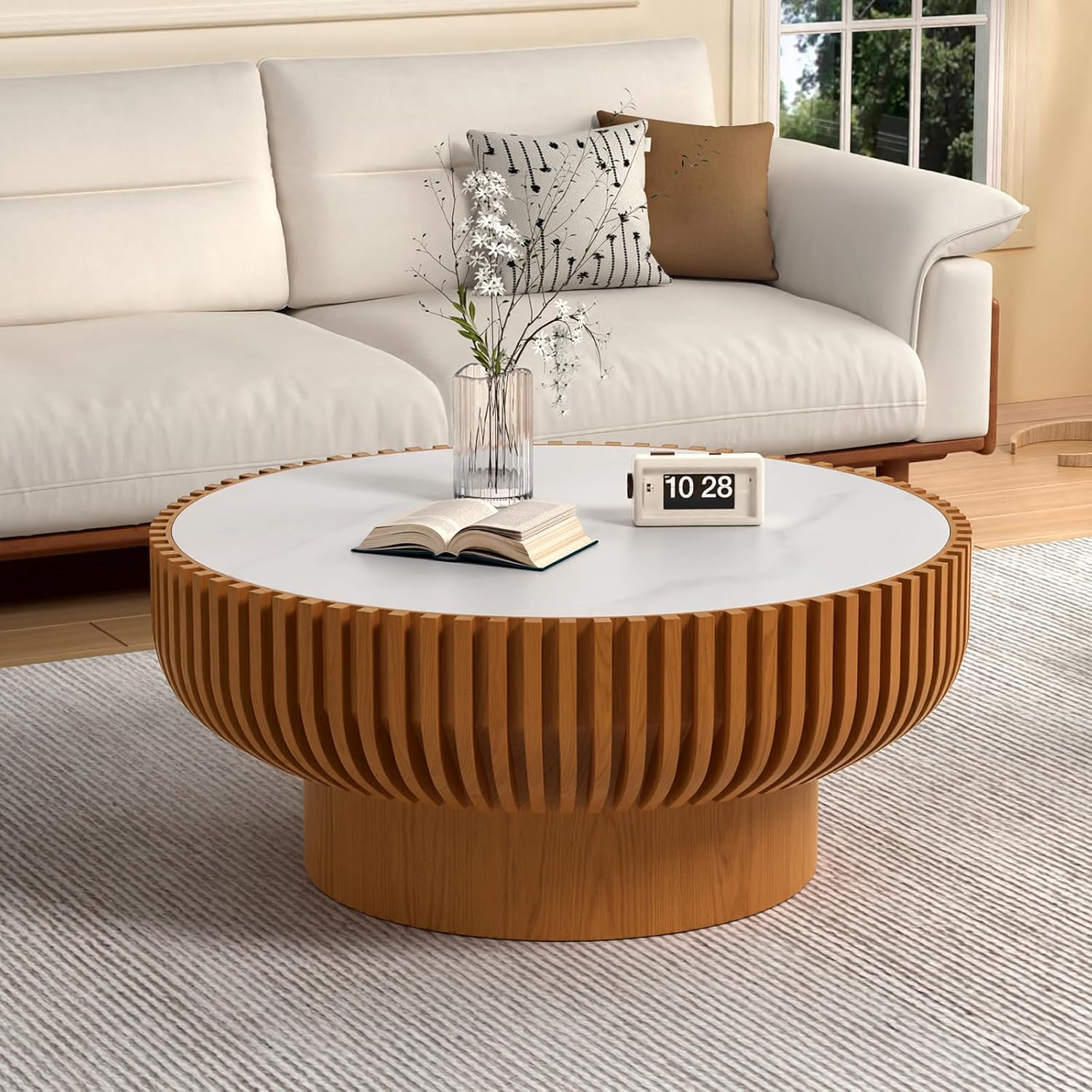 31.5' Round Coffee Table with Sintered Stone Tabletop, Modern Drum Fluted Center Table with Pine Wood Veneered, Unique Circle Wood Coffee Table for Living Room (Brown, 31.5' Sintered Stone Tabletop)