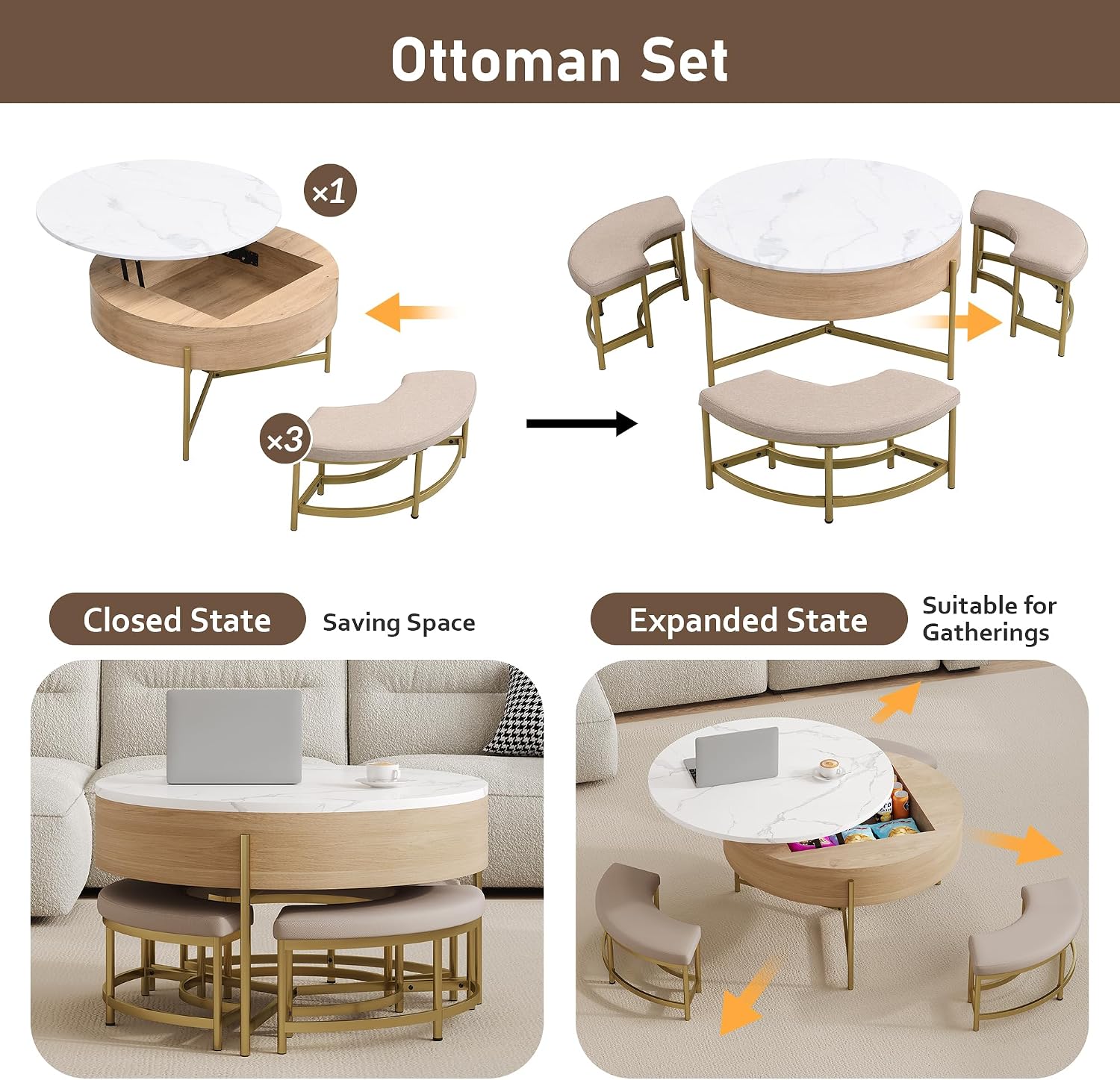 31.5' Modern Round Lift-Top Coffee Table with Storage & 3 Ottoman,White & Natural