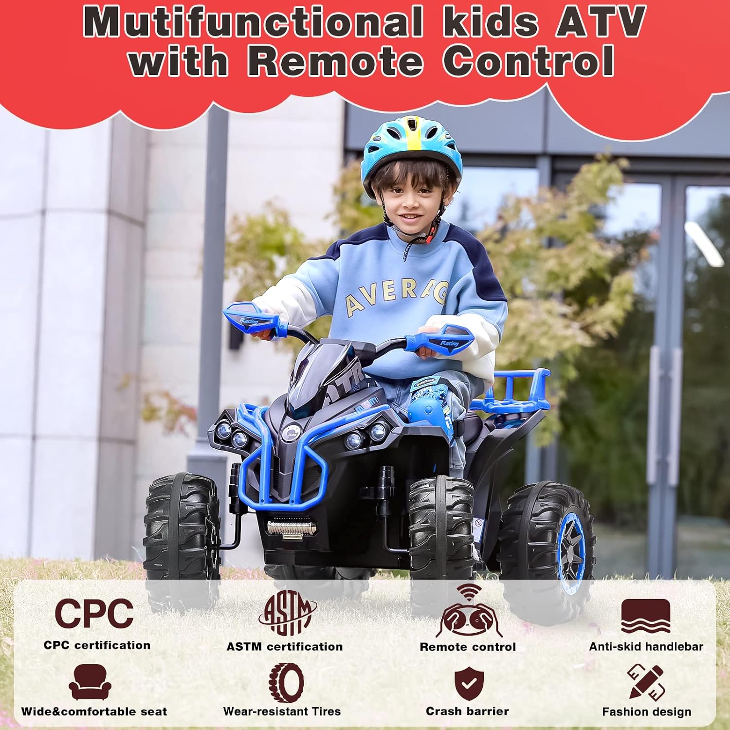 Soar Remote Control Four Wheeler for - Electirc Toddler 4 Wheeler for 3-6, Ride on ATV 12v Battery Powered, Kids Quad with LED Lights, Music, High Low Speed, USB/TF, Treaded Tires, Blue