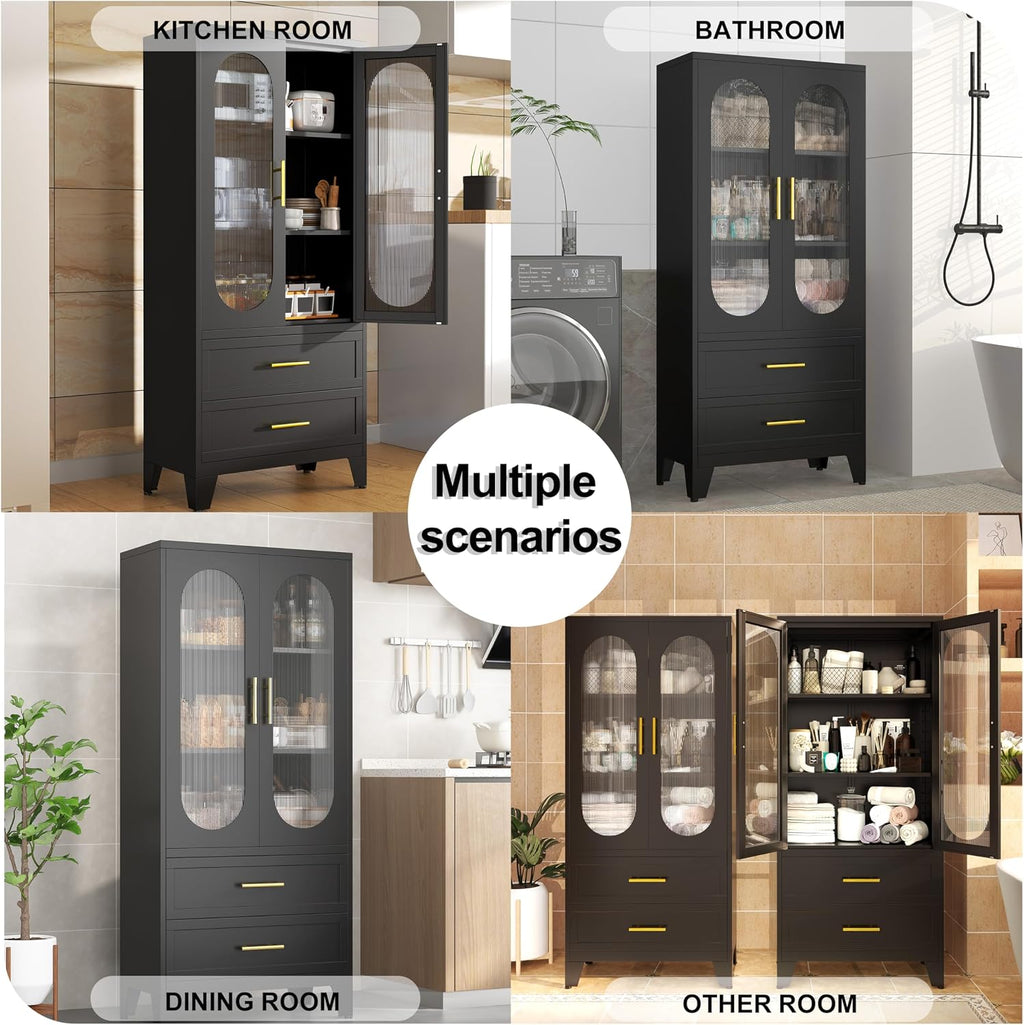 PAOFIN Kitchen Pantry Storage Cabinet with 2 Acrylic Doors, 2 Drawers,2 Adjustable Shelves, freestanding Cupboard Versatile Storage for Office, Laundry,Dining Room or Living Room (61' Black)