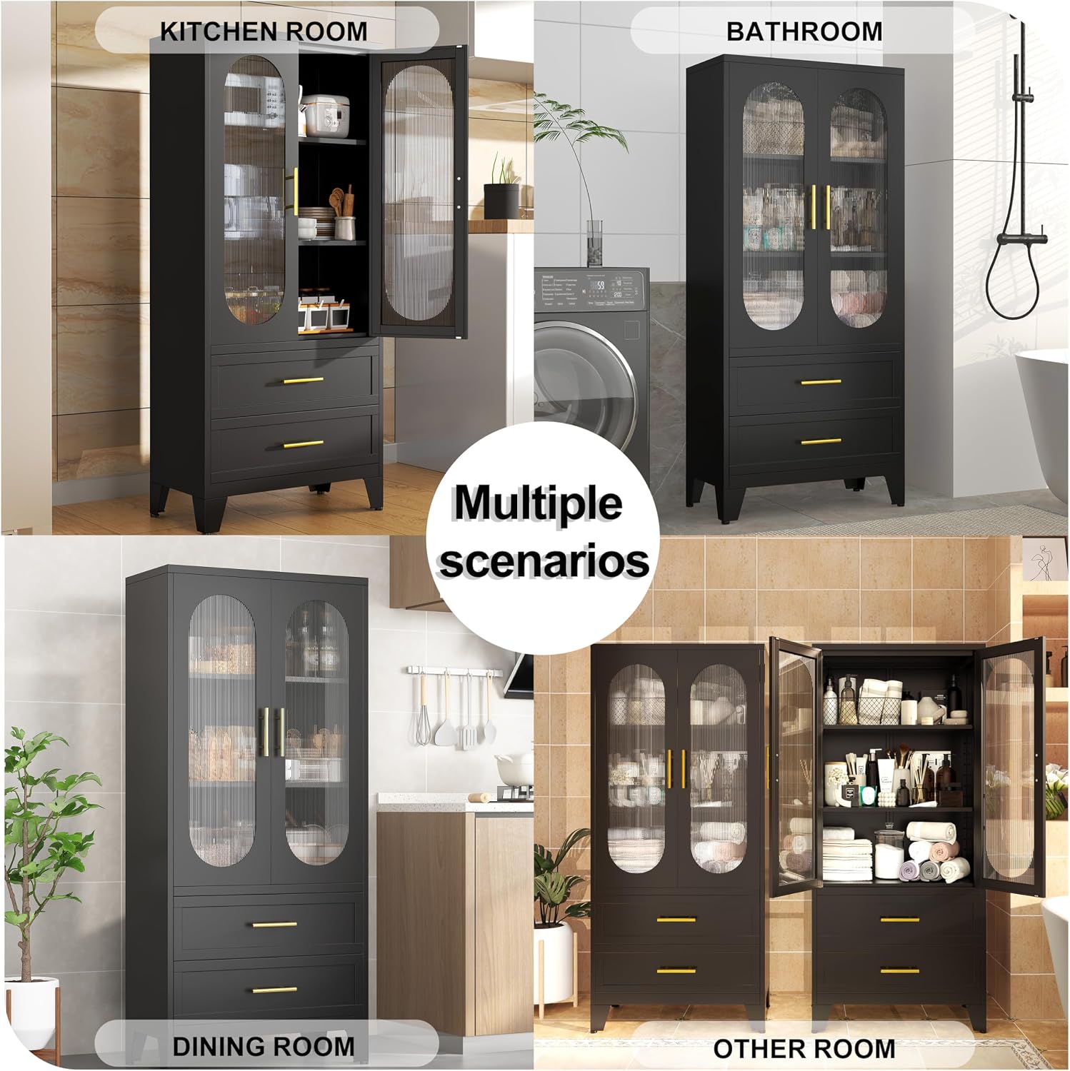 PAOFIN Kitchen Pantry Storage Cabinet with 2 Acrylic Doors, 2 Drawers,2 Adjustable Shelves, freestanding Cupboard Versatile Storage for Office, Laundry,Dining Room or Living Room (61' Black)