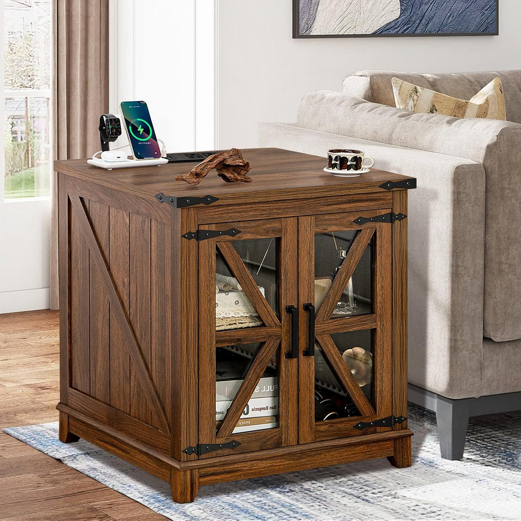 Joaxswe Farmhouse End Table,24' Large Sofa Side Table with Charging Station Glass Barn Door,Wood Nightstand with Adjustable Storage Shelf,Square Bedside Table for Living Room,Bedroom,Office-Brown