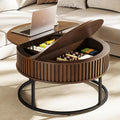Round Coffee Table with Lift Top - Fluted Wood Center Coffee Tables for Living Room, Lifting Up for Dining, Large Hidden Circle Storage Compartment for Small Spaces, Mid Century Modern