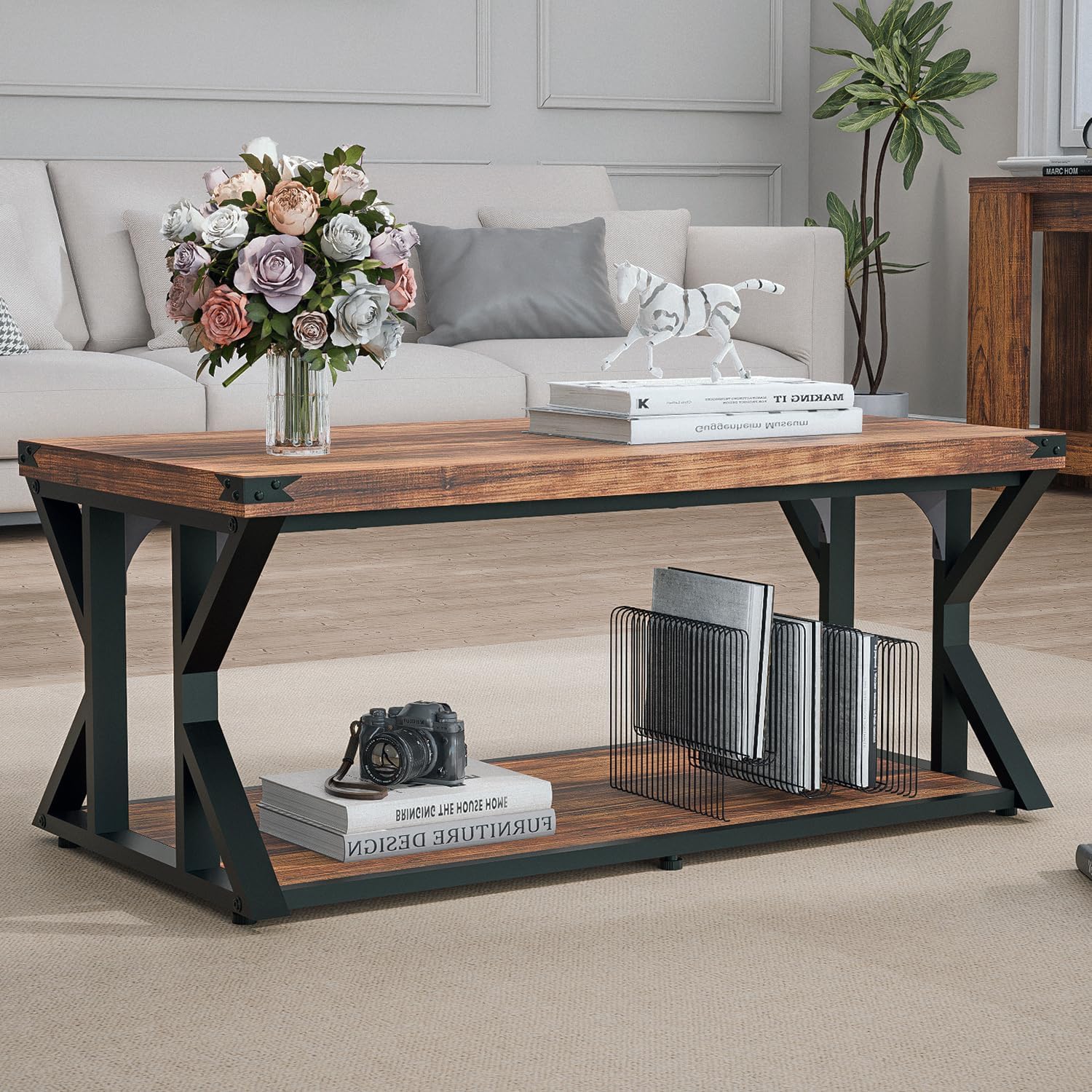 43 Inch Industrial Coffee Table, 2-Tier Rectangle Center Table with Storage Shelf, Wood and Metal Cocktail Table for Living Room, Rustic Brown