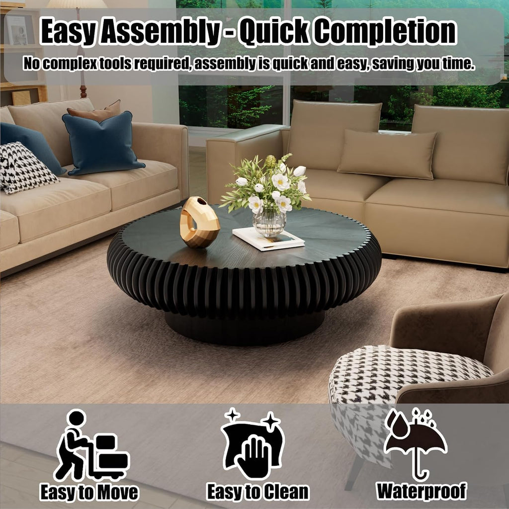 39.37' Round Drum Coffee Table, Modern Fluted Coffee Tables with Solid Wood Veneer, Wooden Circle Center Table for Living Room, Small Spaces, and Apartments, Easy Assembly