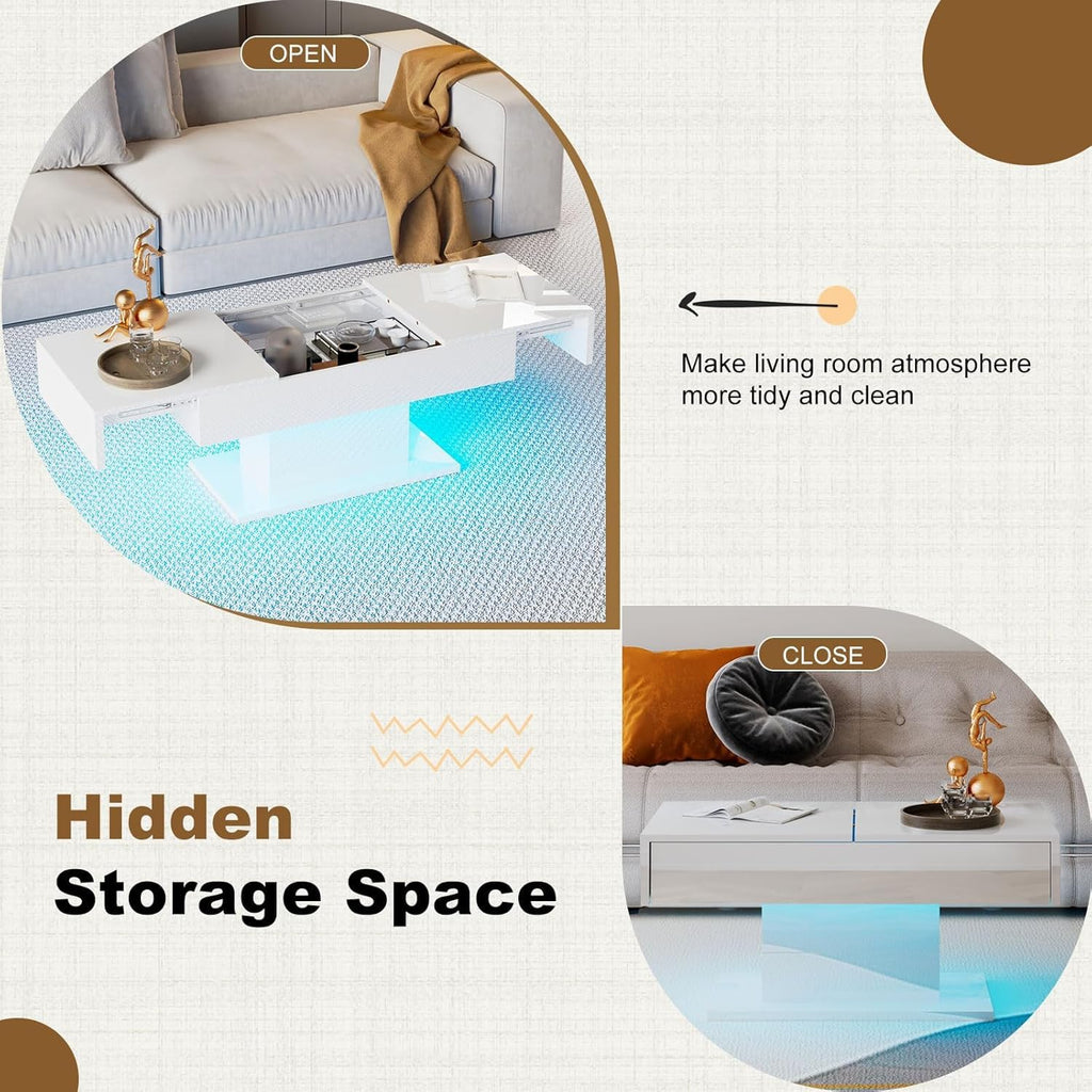 HedoAjim White LED Coffee Table with Storage for Living Room, Living Room Table Rectangular Center Table, Modern High Glossy Wooden Coffee Tables with 16 Colors LED Lights for Dining Reception Room