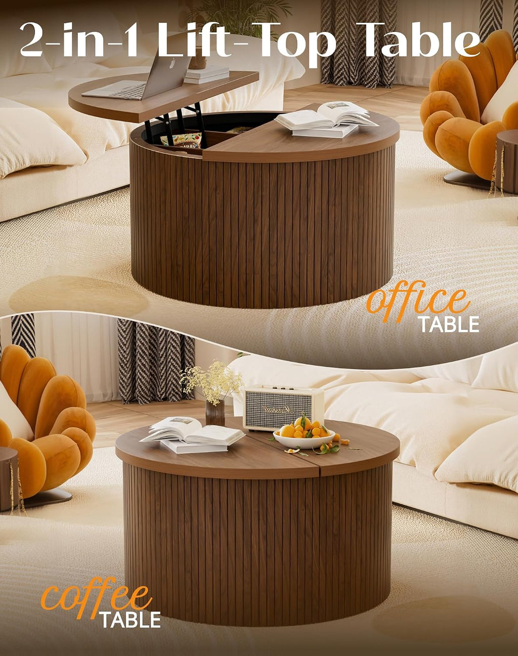 Fluted Round Lift Top Coffee Table with Storage, 31.5' Walnut Small Circle Wood Center Table for Living Room, Small Space