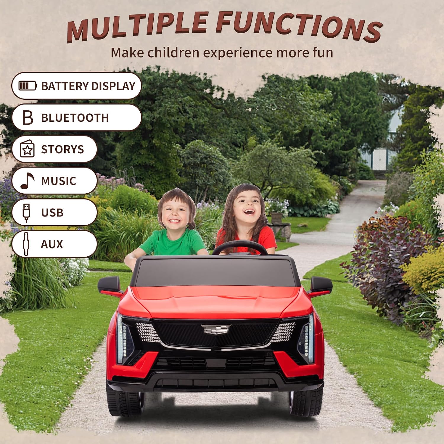 24V Ride On Car, Licensed Cadillac Battery Powered Electric Vehicle w/Remote Control, 2 Seater, 4-Wheel Shock Absorbers, Smooth Start, Music, LED Lights for Boys Girls