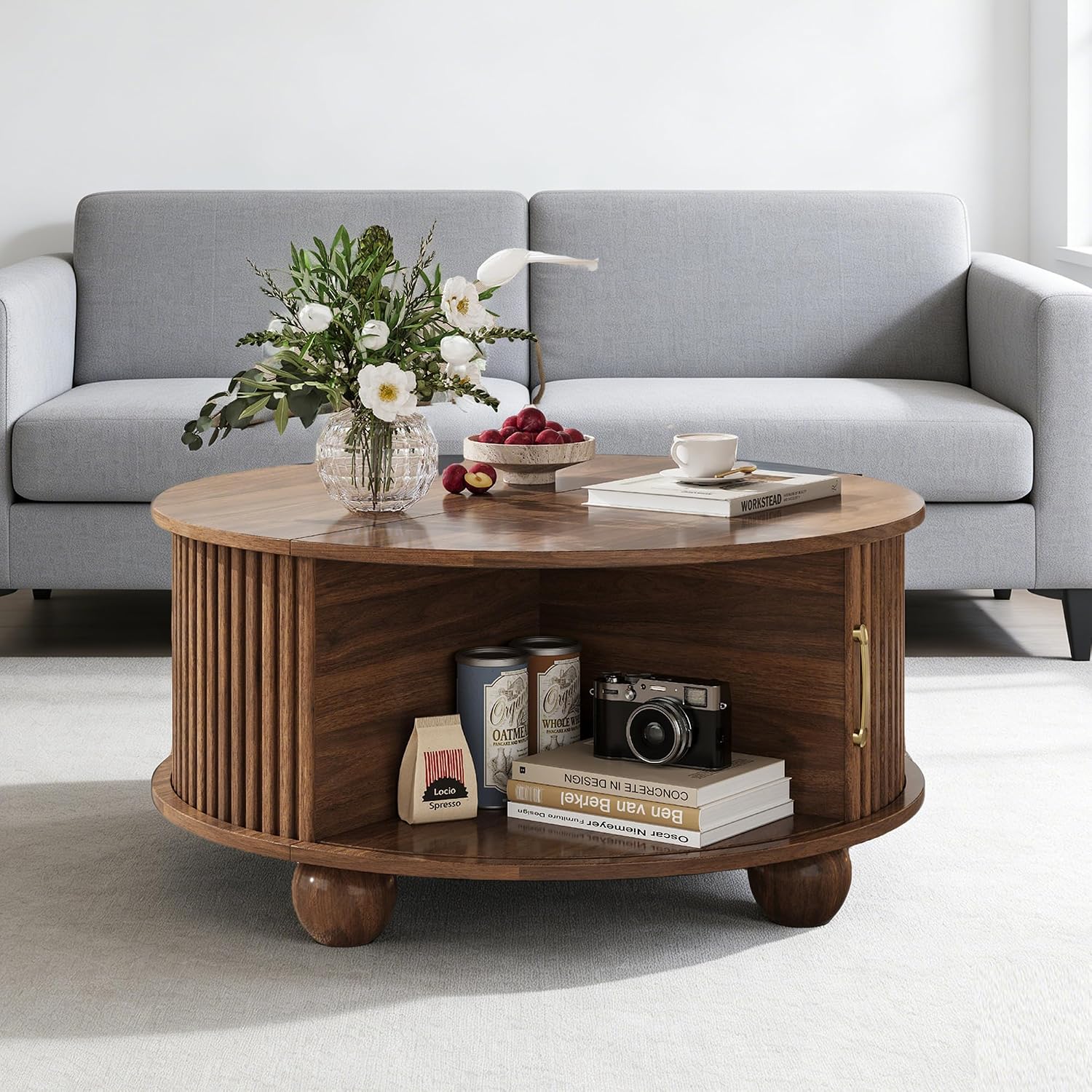 Round Coffee Table with Storage, Fluted Center Table with Sliding Tambour Door and Open Shelves, Mid Century Small Coffee Table for Living Room, Small Space, Walnut