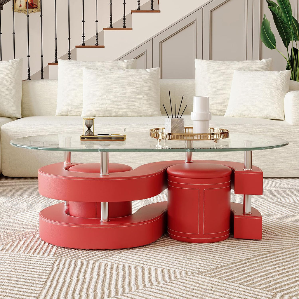 Glass Coffee Table Set With 2 Stools, 49' Oval With Tempered Top and Leather Stools, Modern Center Table for Living Room, Home Office