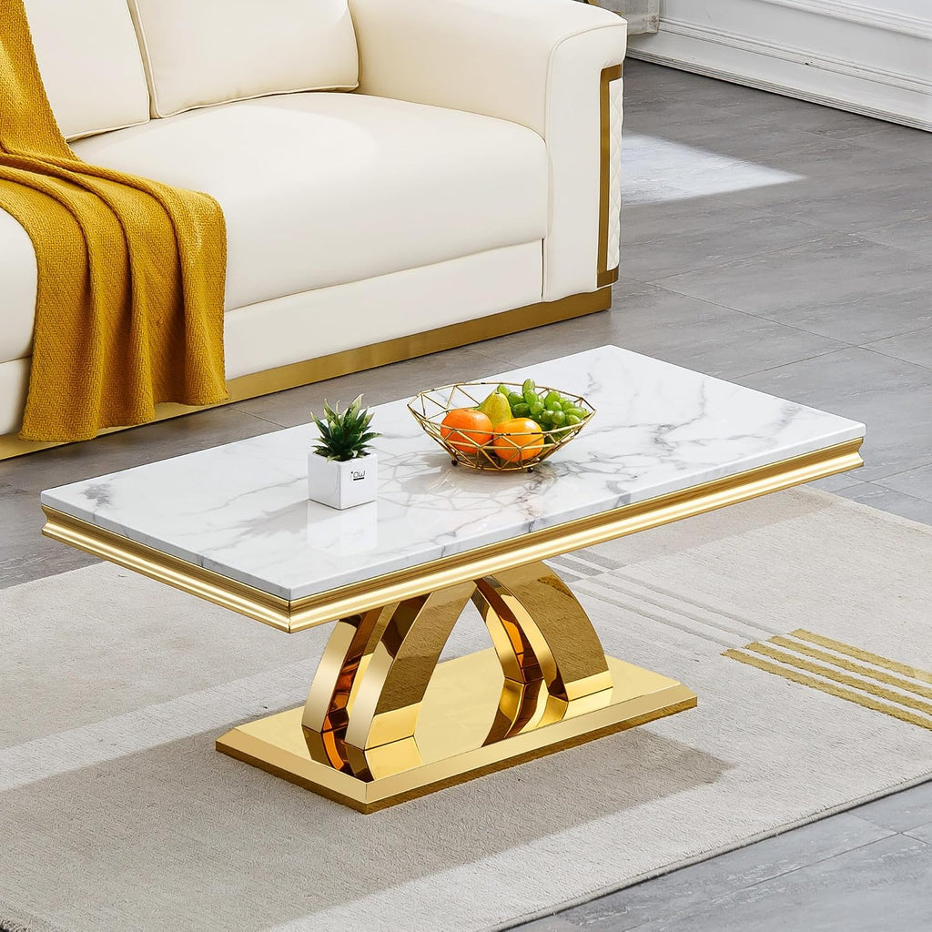 47in White Gold Coffee Table, Modern Faux Marble Coffee Table Living Room Table with Double X-Shaped Stainless Steel Base,Rectangle Marble Coffee Cocktail Table Center Table for Home&Office