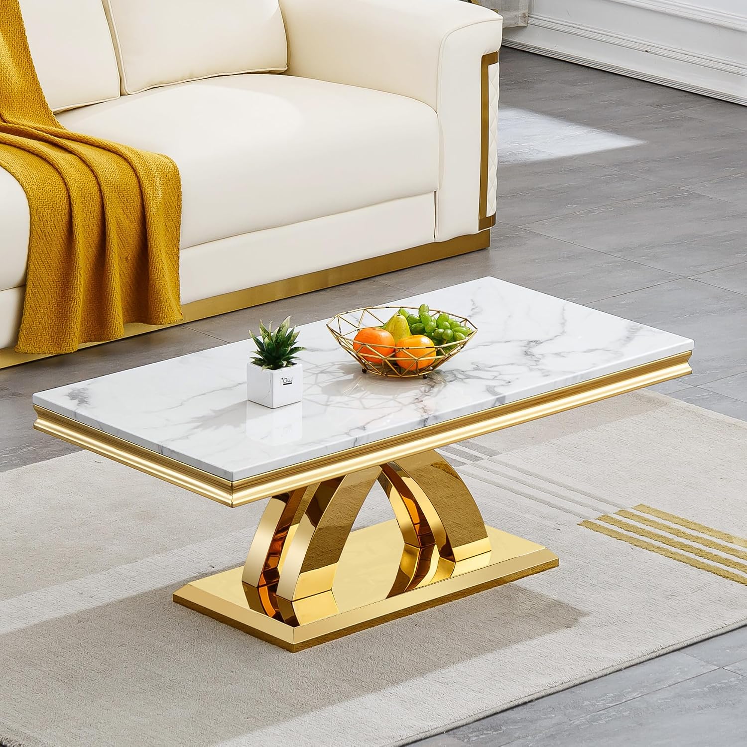47in White Gold Coffee Table, Modern Faux Marble Coffee Table Living Room Table with Double X-Shaped Stainless Steel Base,Rectangle Marble Coffee Cocktail Table Center Table for Home&Office