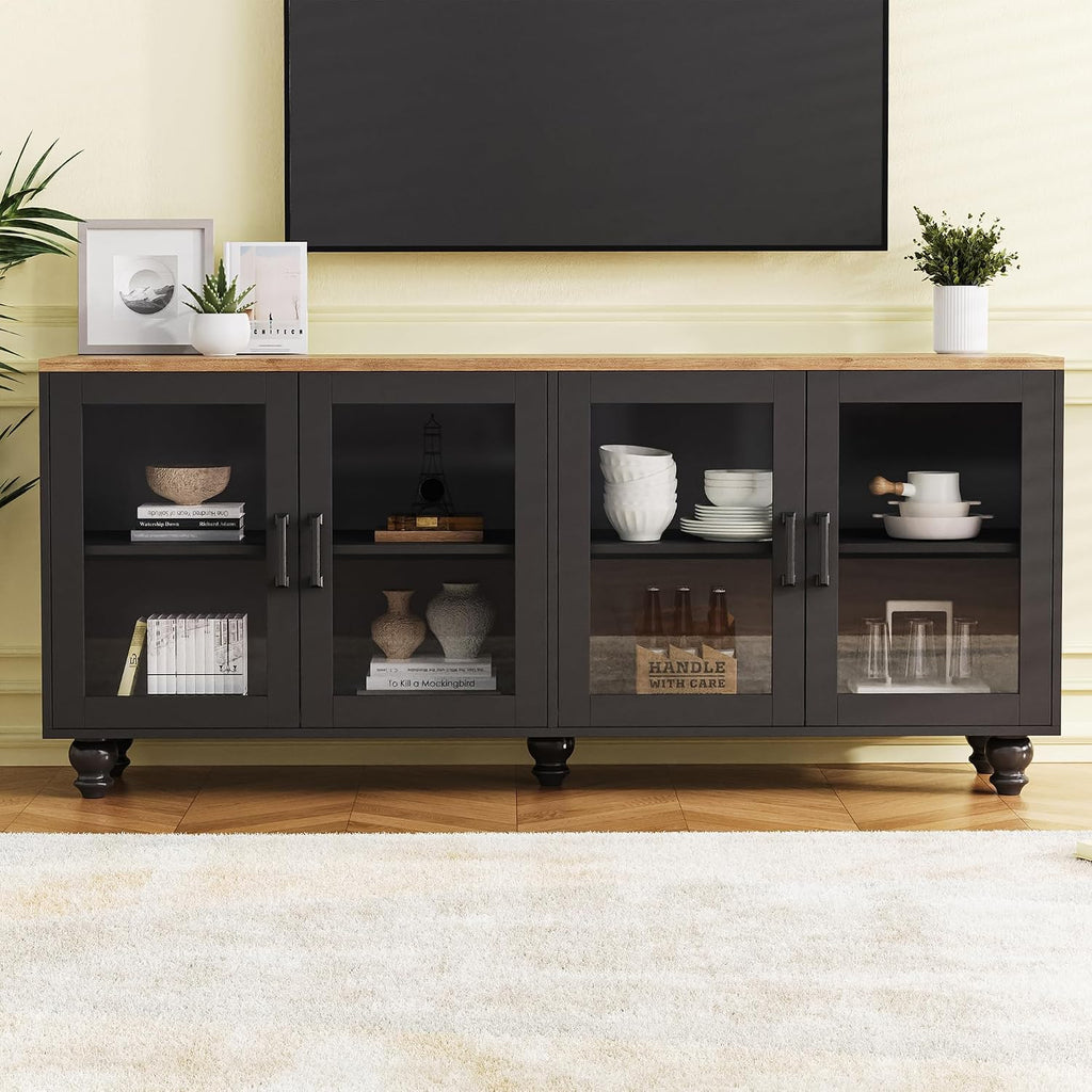 Ball & Cast Farmhouse TV Stand with Tempered Glass Doors for TVs up to 70',Sideboard Buffet w/5 Solid Wood Gourd-Shaped Legs & Adjustable Shelf,Entertainment Center for Living Room,Black+Natural
