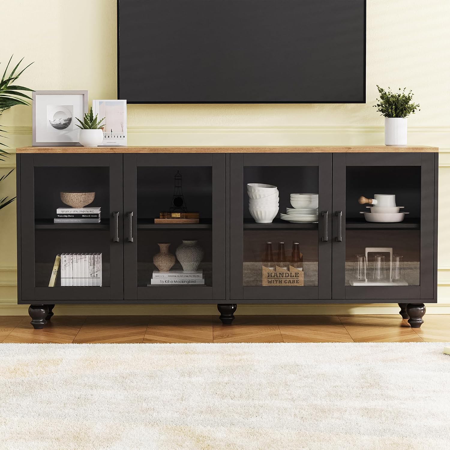 Ball & Cast Farmhouse TV Stand with Tempered Glass Doors for TVs up to 70',Sideboard Buffet w/5 Solid Wood Gourd-Shaped Legs & Adjustable Shelf,Entertainment Center for Living Room,Black+Natural