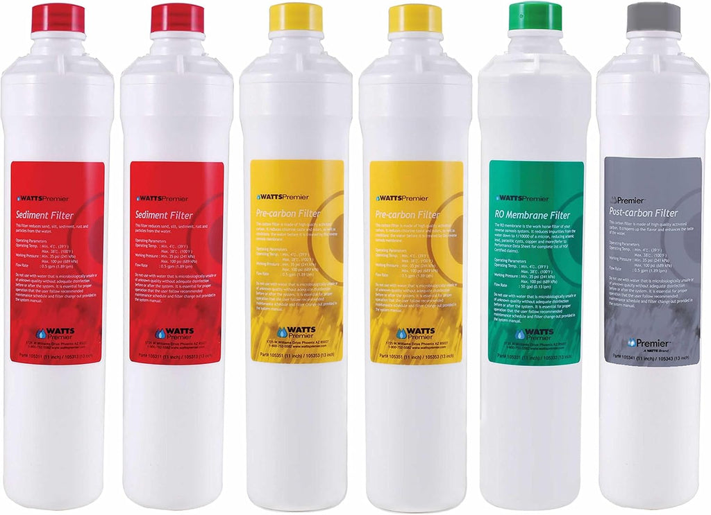Watts Premier Annual RO Pure Plus 6-Pack Filtration Kit for Zero/Pure Plus Reverse Osmosis System, Push Button Water Filter Replacement, 2 Sediment Filters, 2 Carbon Pre-Filters, VOC, Membrane