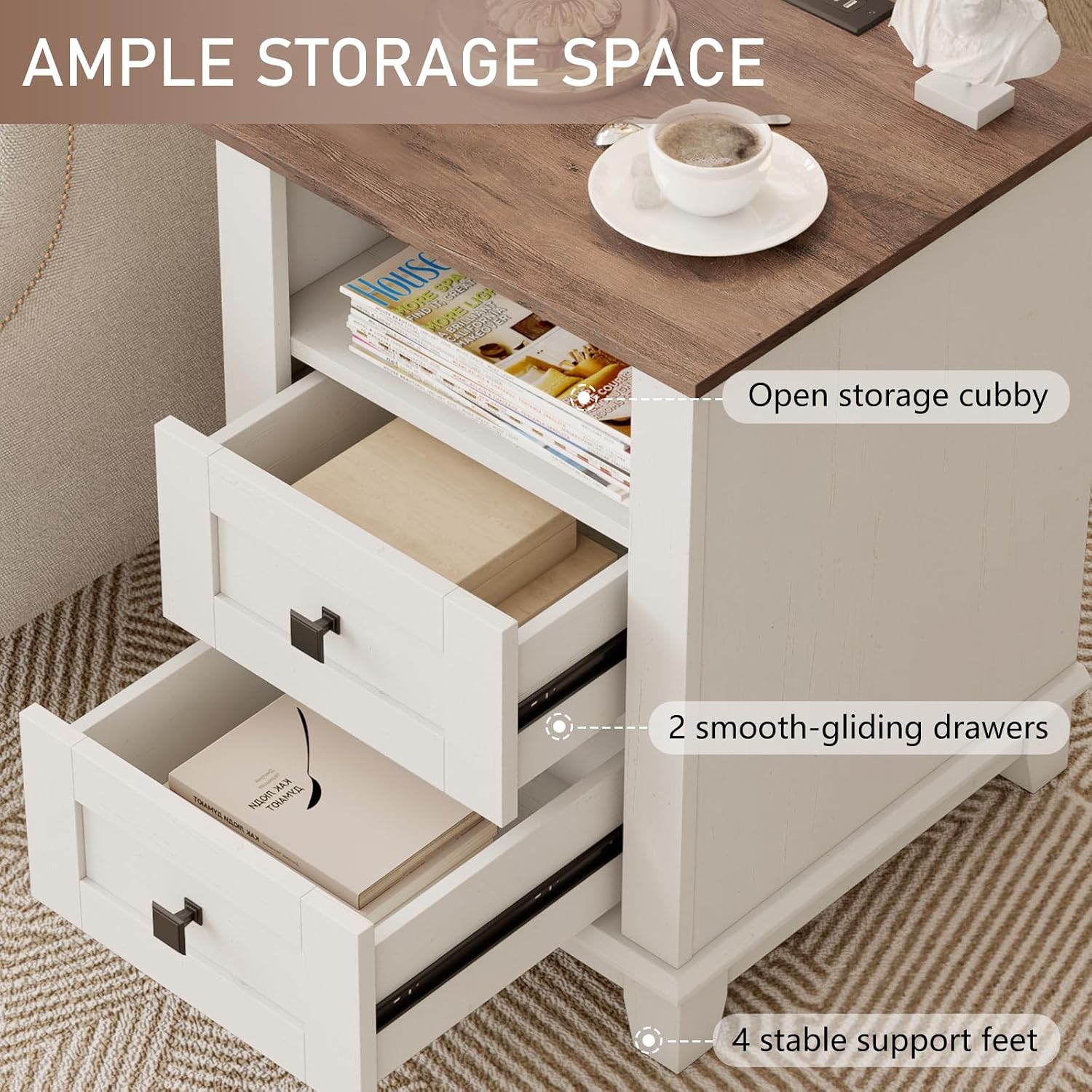 LUXOAK Farmhouse Table Set of 3, Coffee Table with Sliding Barn Doors, End Tables Set of 2 with Charging Station for Living Room & Bedroom, Sliding Barn Doors, 2 Tiers Storage Drawer, Antique White
