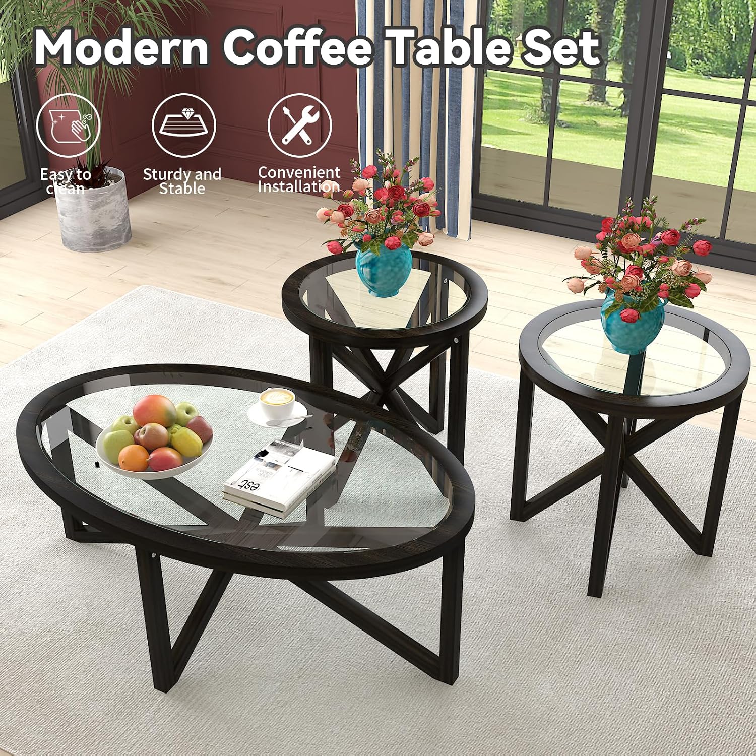 3-Piece Round Coffee Table Set, 1 Coffee Table & 2 End Tables with Tempered Glass Top and Solid Wood Base for Living Room Apartment Small Space (Black)