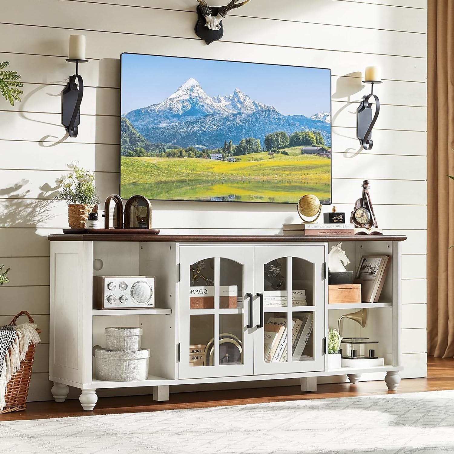 RWYHG Farmhouse Coffee Table & TV Stand Set of 4,Entertainment Center for 60 Inch TV,Wooden Coffee Tables with 4 Drawers, Nightstand with 3 Drawers and Charging Station for Living Room,Bedroom,White