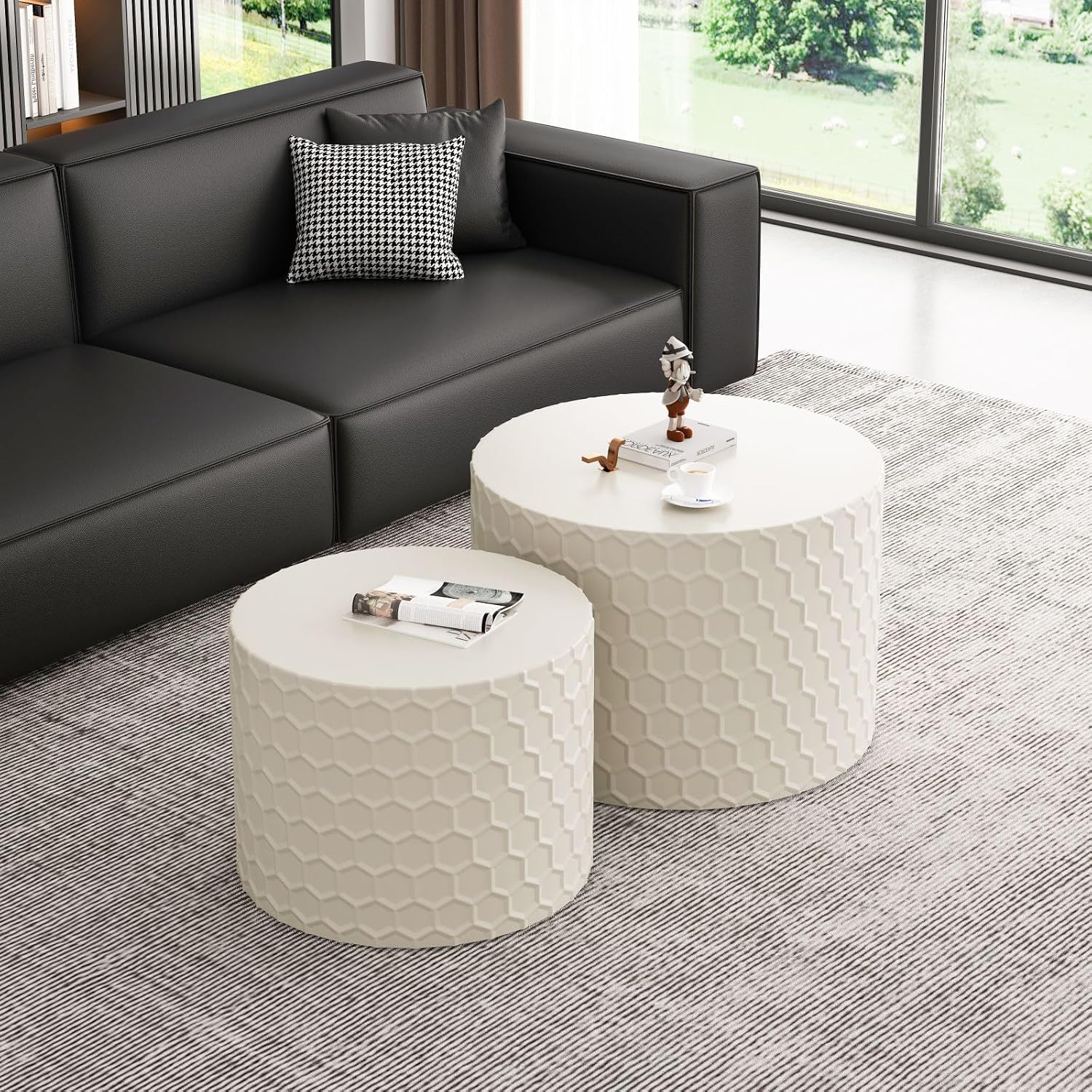 KEVINSPACE Nesting Coffee Tables - Set of 2, 23.6' Round Wood Grain Top with Non-Slip Feet, Industrial Modern End Tables for Living Room, Bedroom, Balcony, Yard - Beige