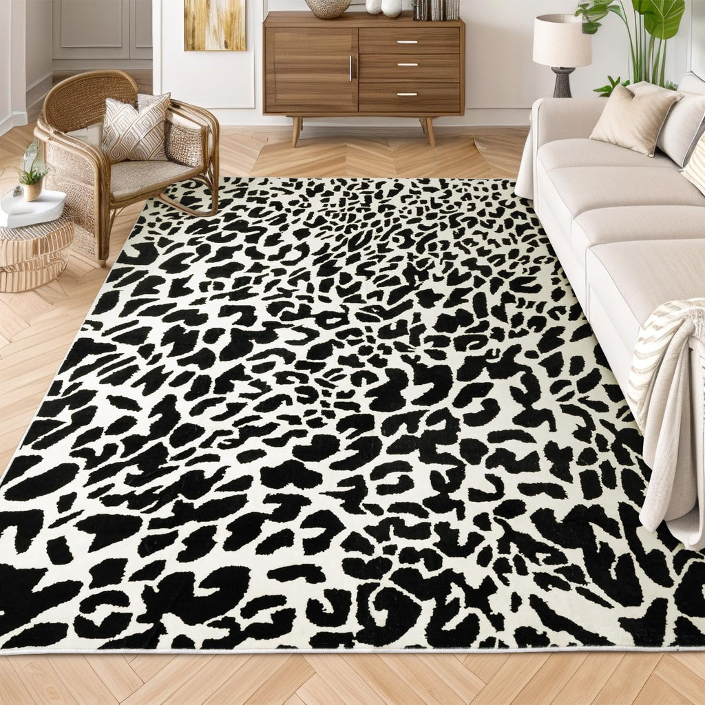 YIHOUSE Leopard Rug for Living Room, Black and White Cute Cheetah Print Rug Modern Washable Animal Printed Rugs for Bedroom, Girls Boys Dorm Room Nursery Room, Playroom, 8x10