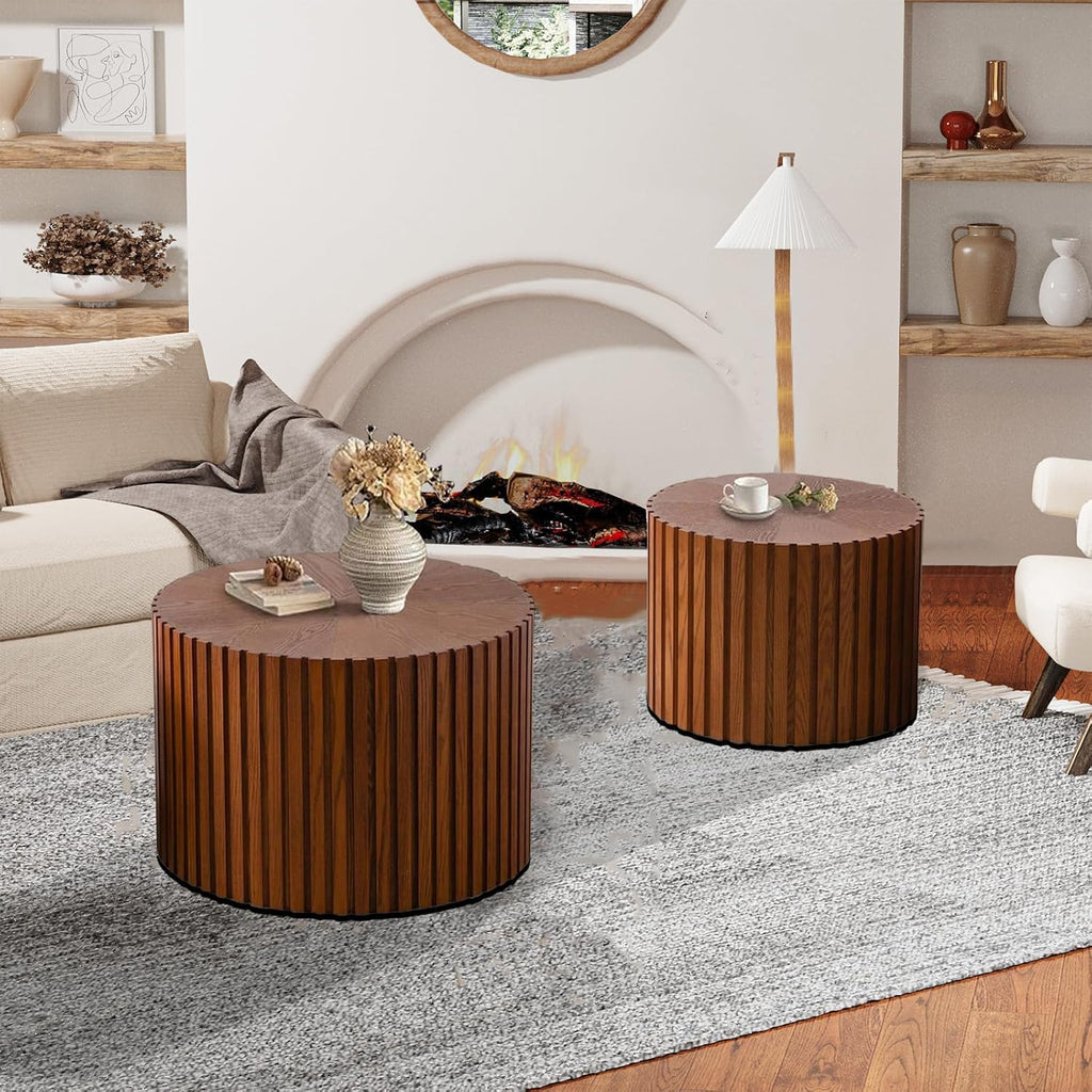Handcraft Round Nesting Coffee Table - Chic Wave Stripe Edge, Modern Stylish Walnut Wooden Circle Fluted Center Table for Living Room (18.9IN+15IN)