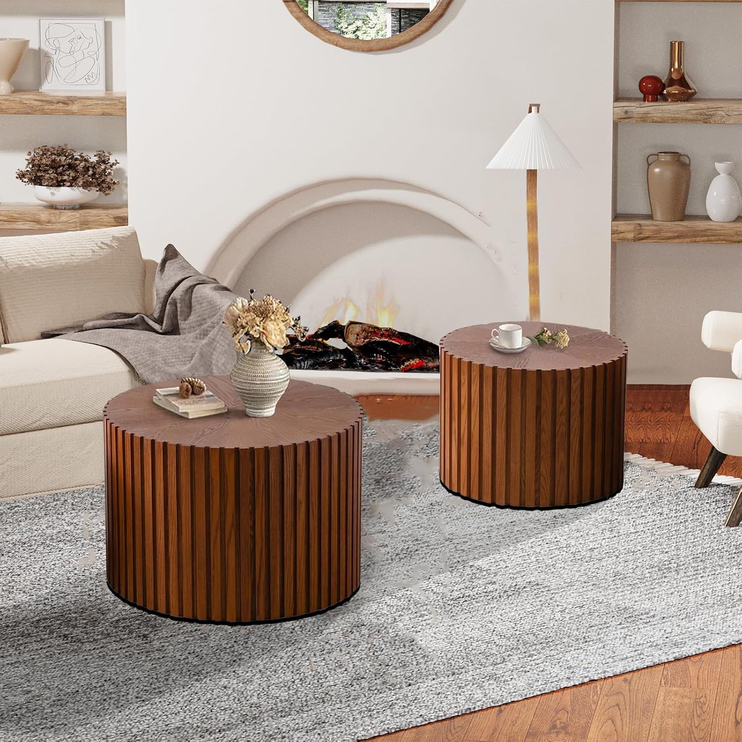 Handcraft Round Nesting Coffee Table - Chic Wave Stripe Edge, Modern Stylish Walnut Wooden Circle Fluted Center Table for Living Room (18.9IN+15IN)
