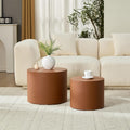 Round Coffee Table Set of 2, Modern Leather Circle Accent Tables, Minimalist MDF Coffee Table Sets for Living Room, Bedroom, Office & Balcony(Brown)