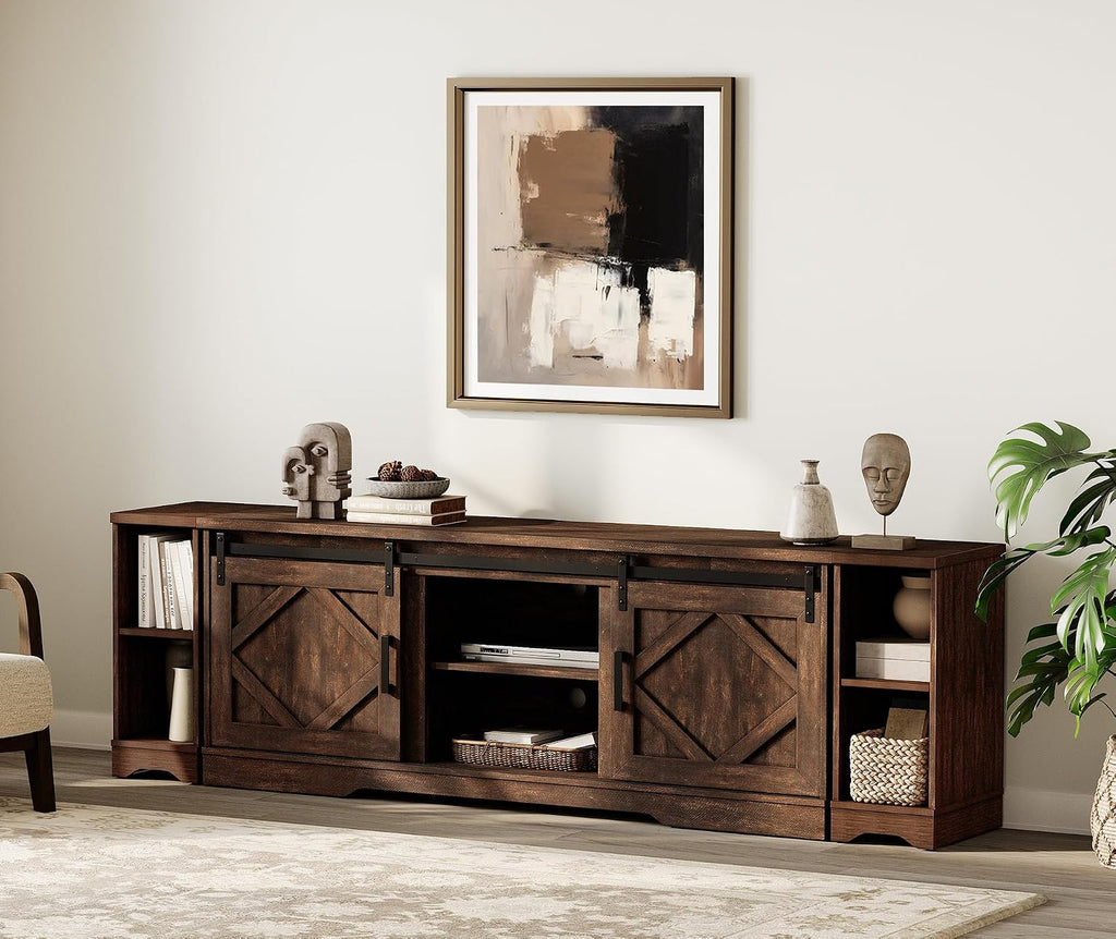 WAMPAT 3-in-1 Modern Farmhouse TV Stand for up to 95' TV, 25.6' H Wood Entertainment Center with Sliding Barn Door and Adjustable Media Storage Shelf for Living Room, Dark Walnut Brown
