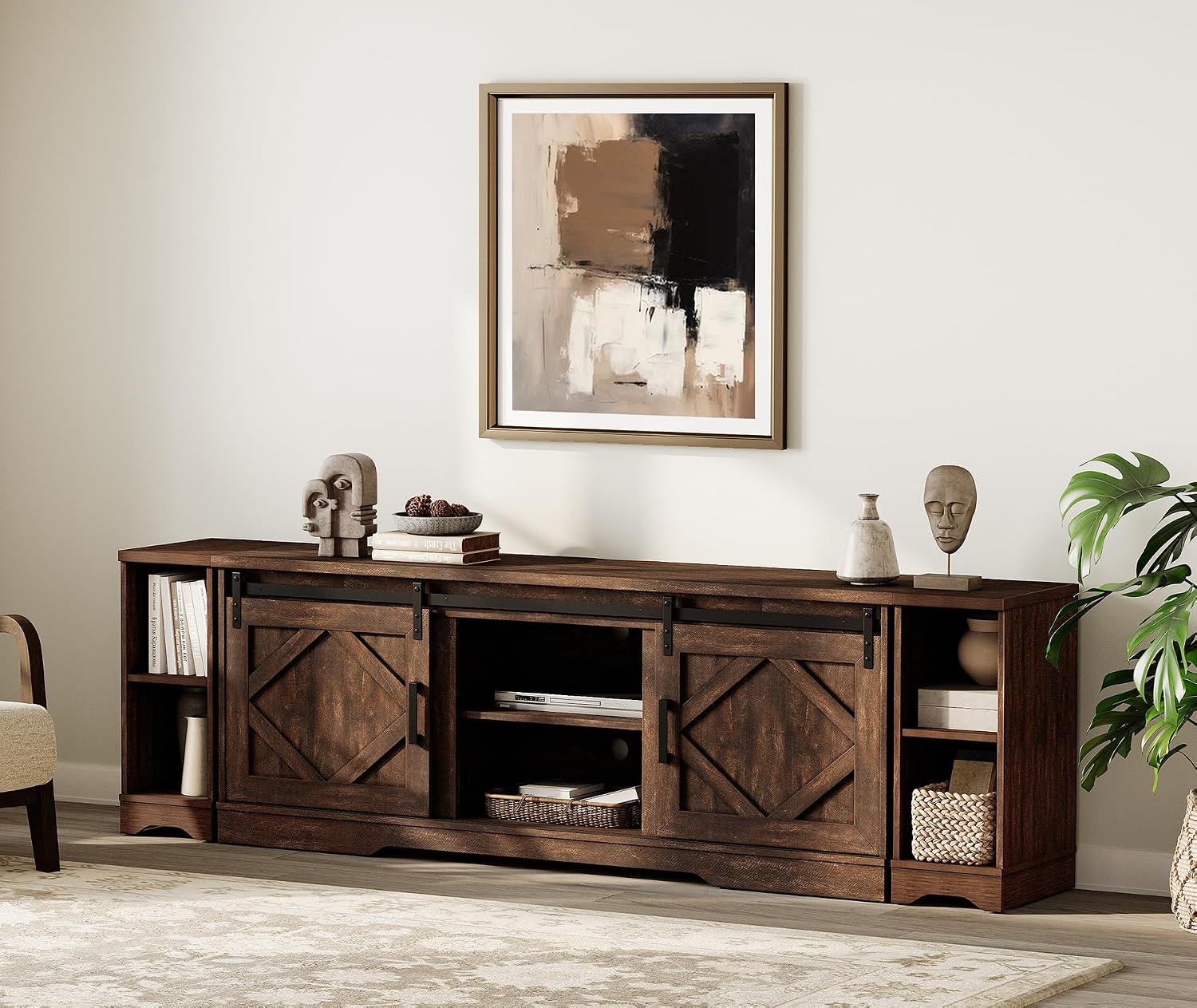 WAMPAT 3-in-1 Modern Farmhouse TV Stand for up to 95' TV, 25.6' H Wood Entertainment Center with Sliding Barn Door and Adjustable Media Storage Shelf for Living Room, Dark Walnut Brown