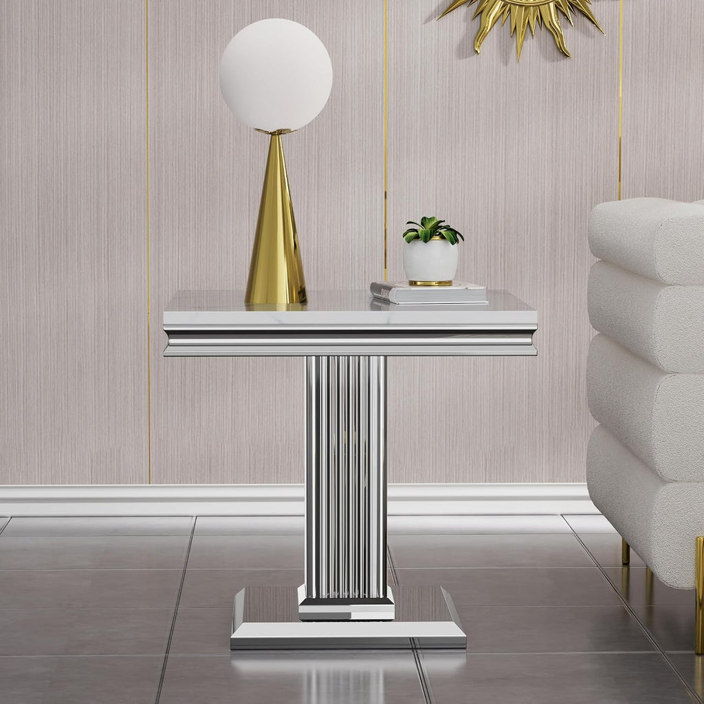 3 Pieces Coffee Table Set, Faux Marble Living Room Table Set of 3, Modern Coffee Table and 2 End Tables with Column-Shaped Stainless Steel Base for Living Room Office (White Silver)