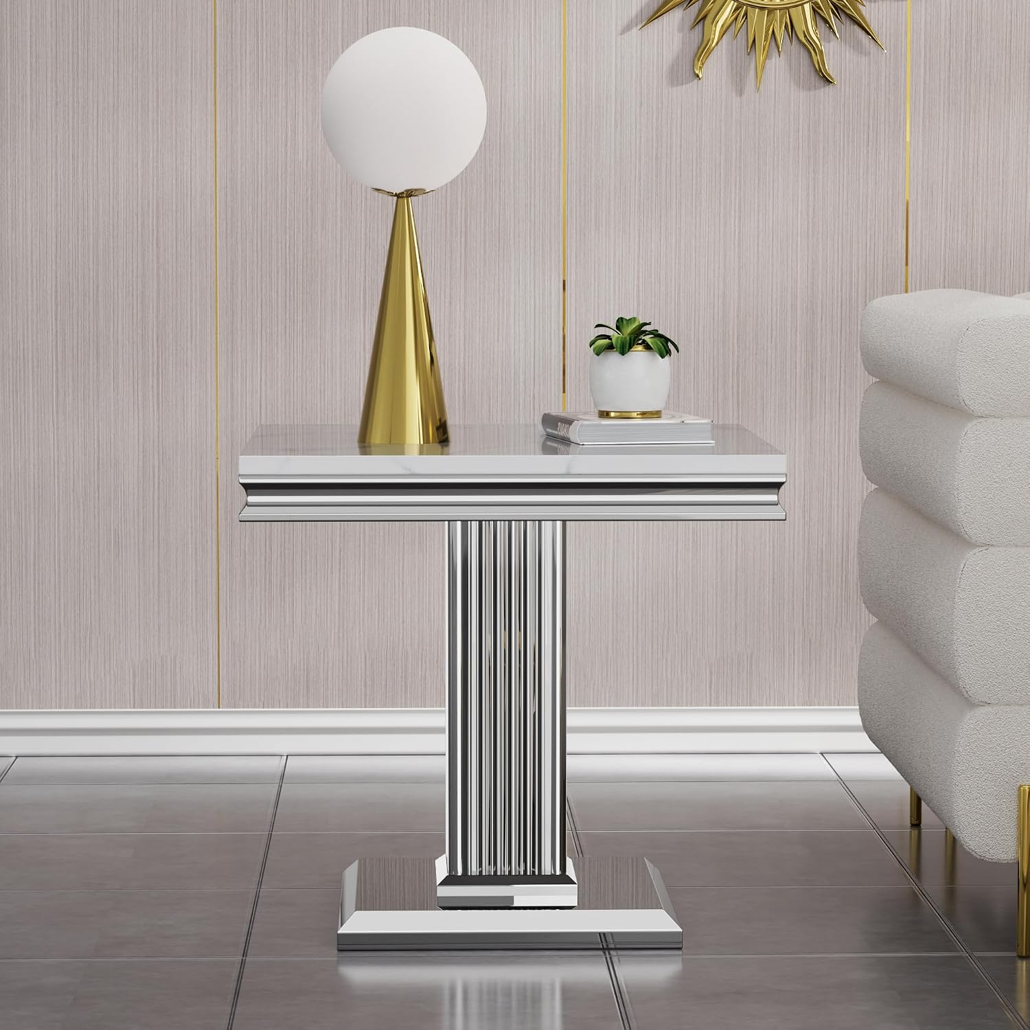 3 Pieces Coffee Table Set, Faux Marble Living Room Table Set of 3, Modern Coffee Table and 2 End Tables with Column-Shaped Stainless Steel Base for Living Room Office (White Silver)