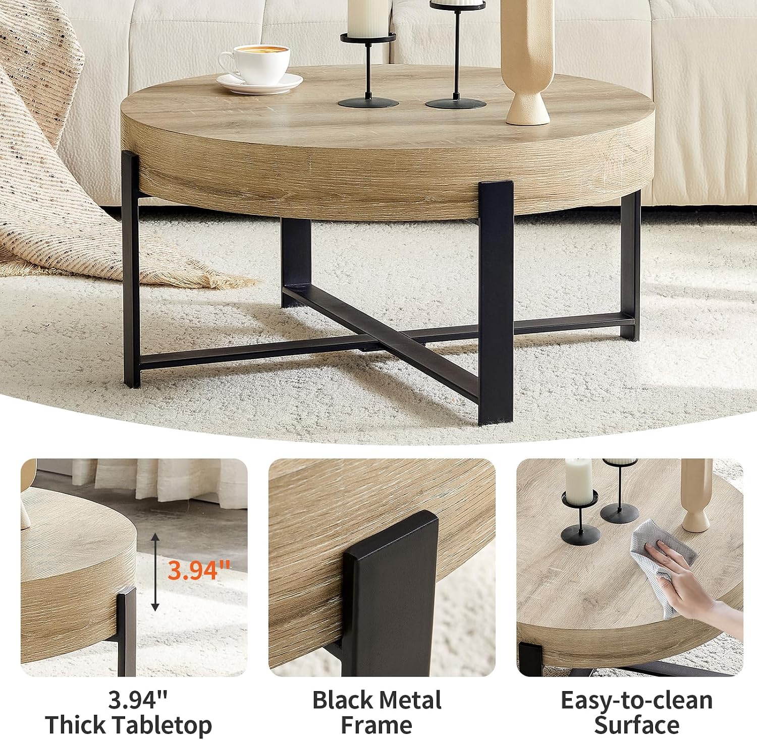 Round Coffee Table, 30.7' Modern Coffee Tables for Living Room, Circular Wooden Center Tea Table with Metal Legs for Apartment Office Small Space, Natural
