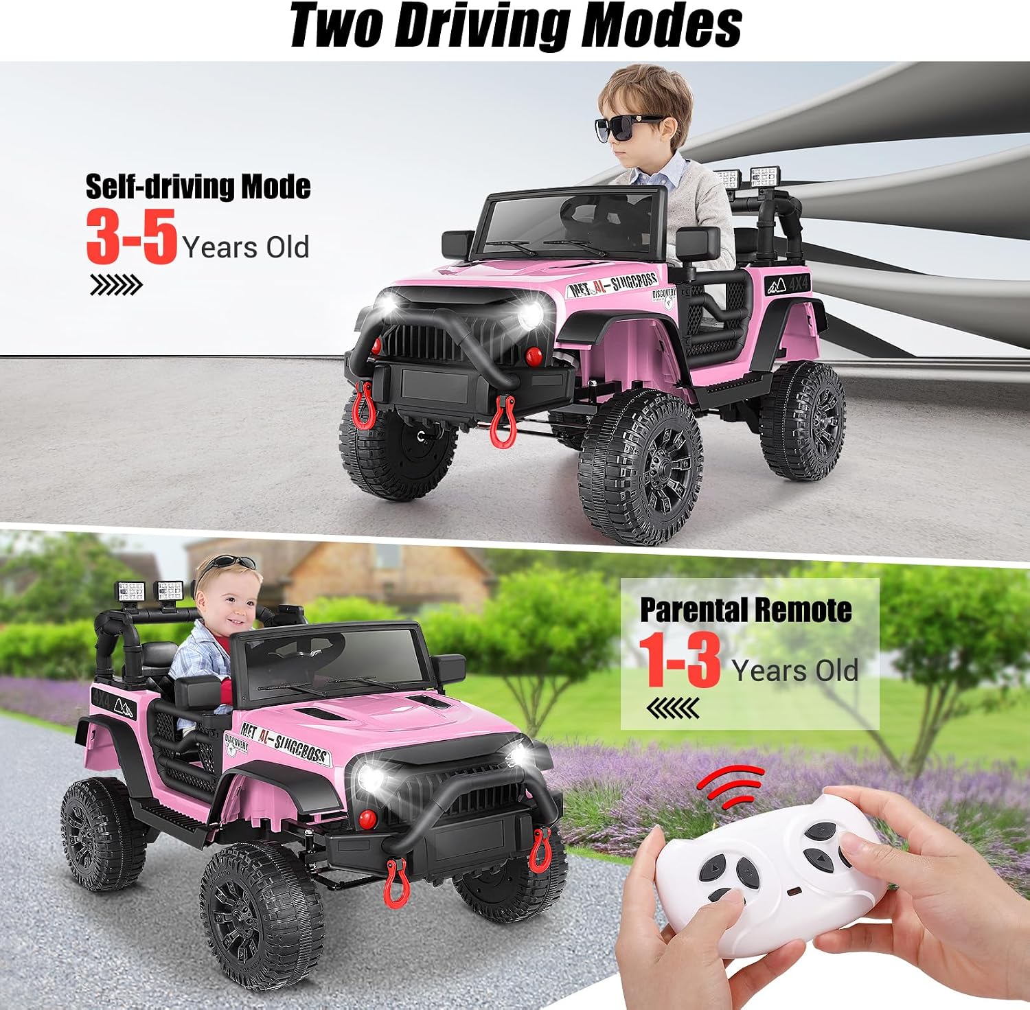 Hikole 24V Ride On Car with Parent Remote Control, Kids Electric Vehicle Car with Spring Suspension, LED Lights & Bluetooth Music Player, Battery Powered Wheels for Boys Girls 3-5, Pink