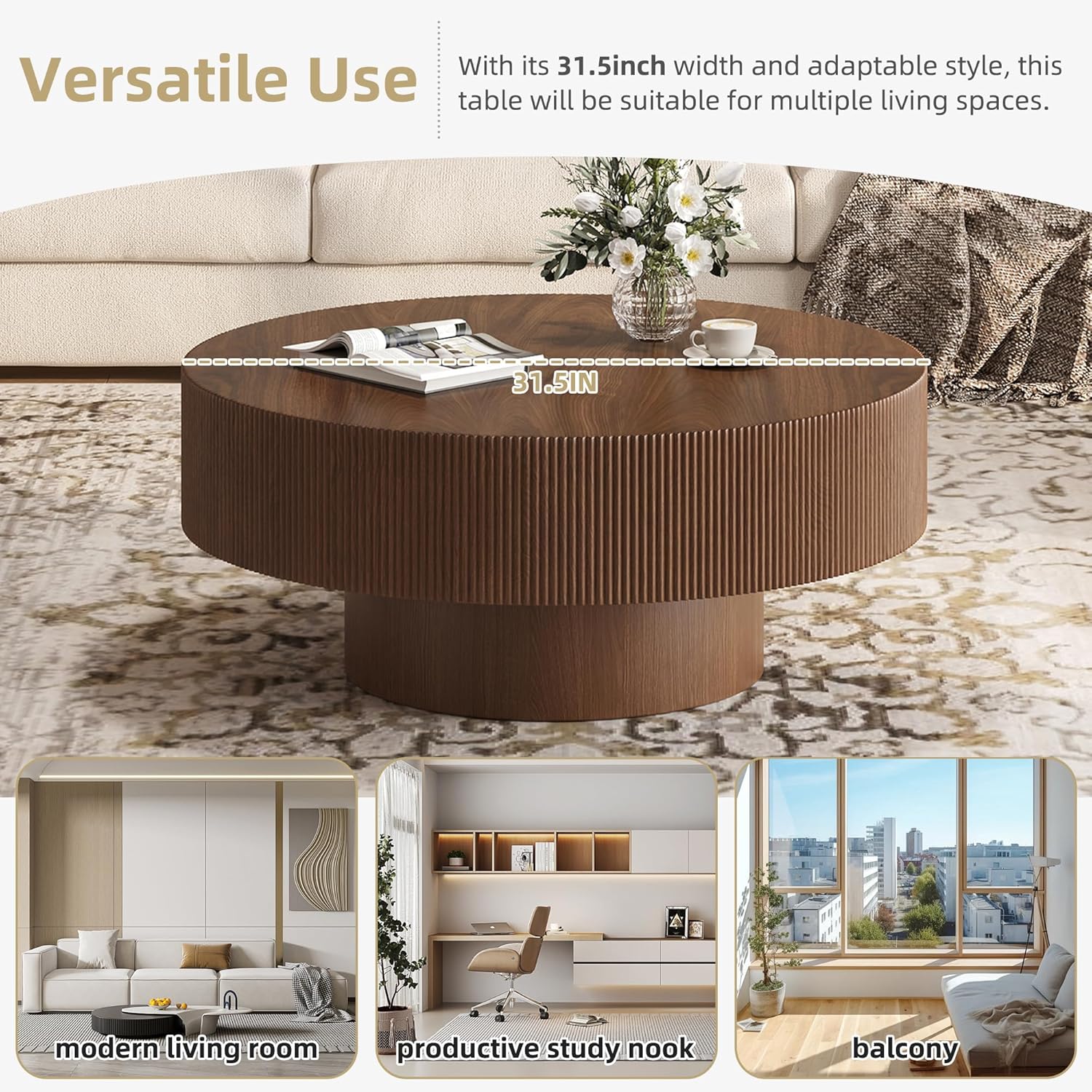 Merax Modern Round Coffee Table with Sturdy Base, Wood Sofa Center Tables for Living Room, Reception Room, Easy Assemble, Walnut