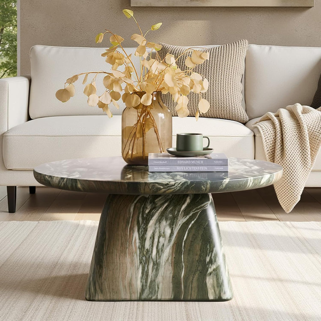 HULALA HOME Modern 31.88' Round Coffee Table with Stone-Look Finish and Sculpted Pedestal Base, Stylish Living Room Center Table(Green)
