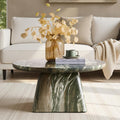 HULALA HOME Modern 31.88' Round Coffee Table with Stone-Look Finish and Sculpted Pedestal Base, Stylish Living Room Center Table(Green)